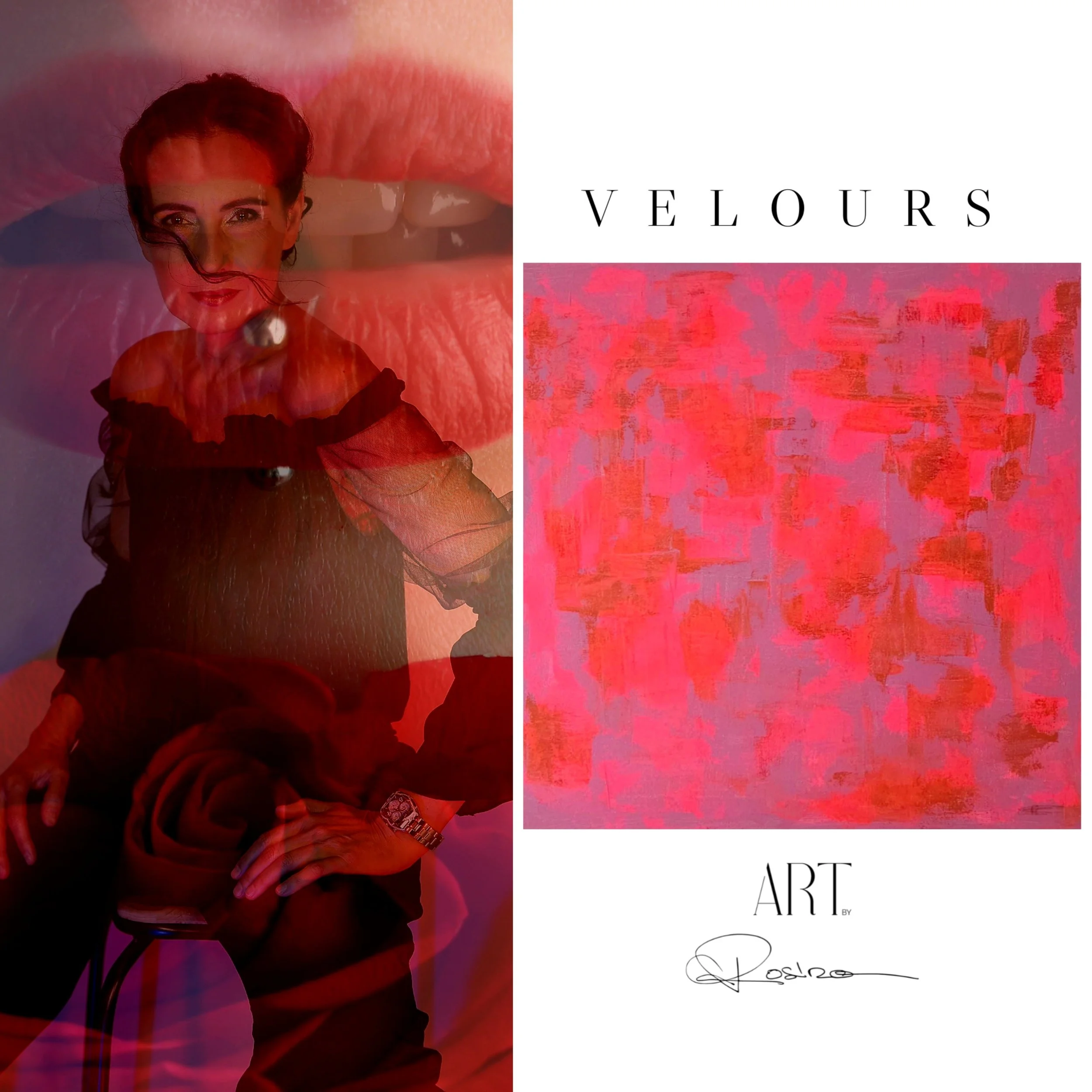 Photo artistique d'une femme souriante portant un collier et un bracelet, superposée à une texture rouge et rose, avec le mot 'VELOURS' en gras sur le côté droit.