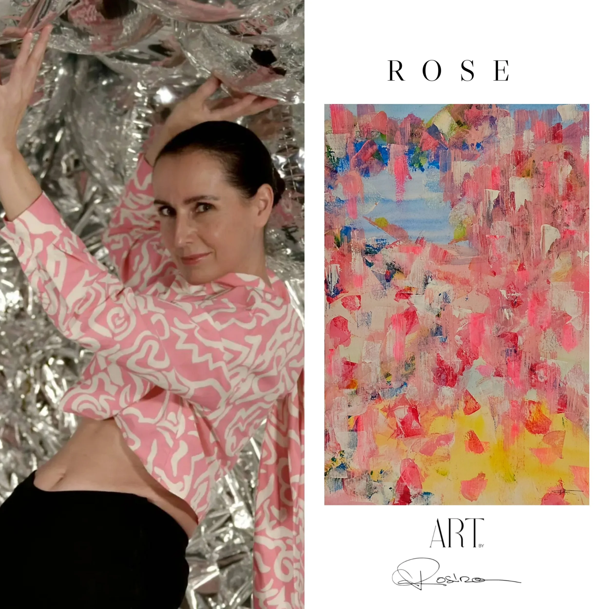 Une femme avec une peau claire porte un haut rose à motif blanc et pointe vers une peinture abstraite colorée. La peinture est composée de touches de vert, bleu, rose, rouge, jaune et blanc. Le texte sur l'image inclut 'ROSE', 'ART', et une signature