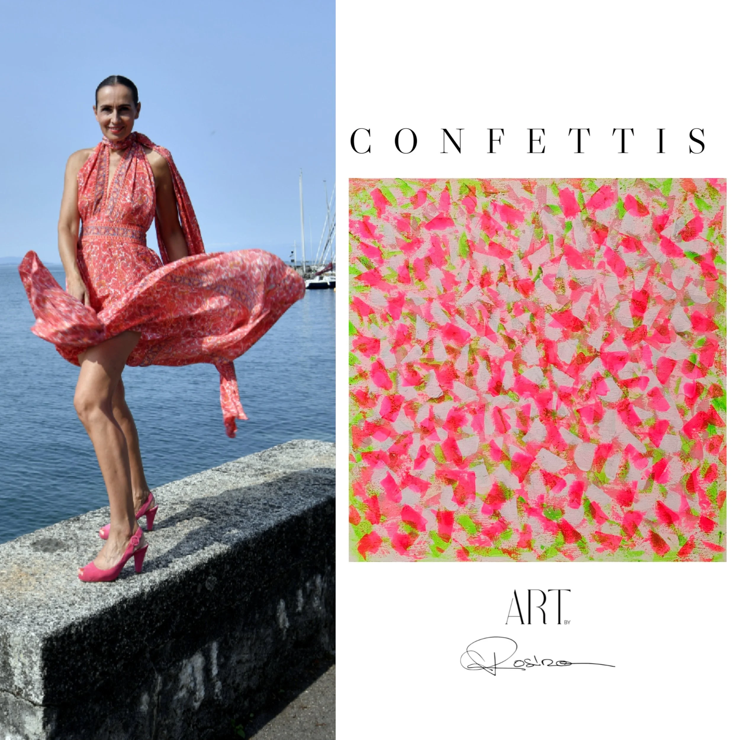 Femme souriante portant une robe rouge à motifs avec des chaussures roses, debout sur une jetée au bord de l'eau, avec un ciel bleu en arrière-plan, photographiée pour une affiche ou une publicité.
