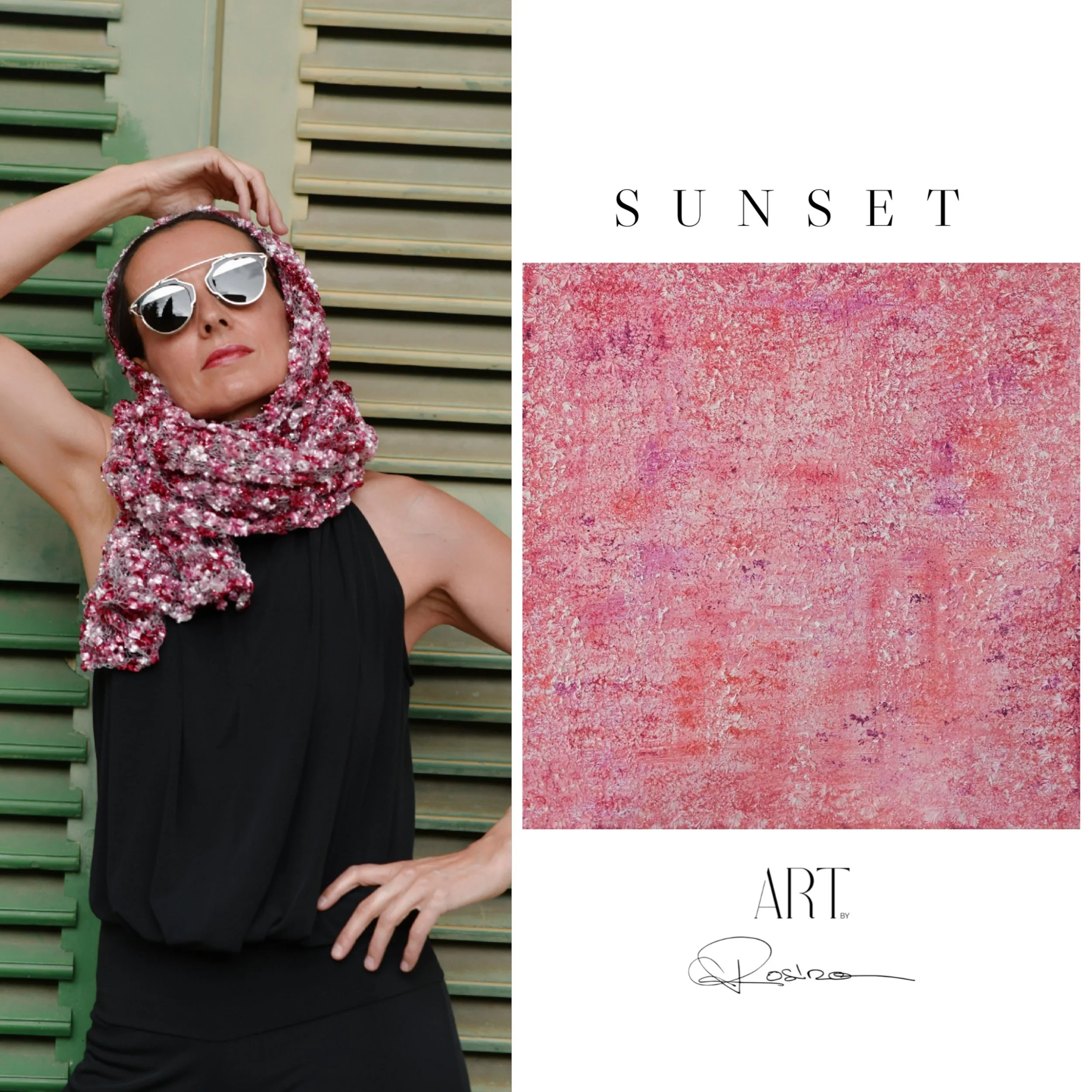 Une femme portant des lunettes de soleil avec une écharpe de sequins roses et blancs, posant devant un mur en lattes vertes et beiges.