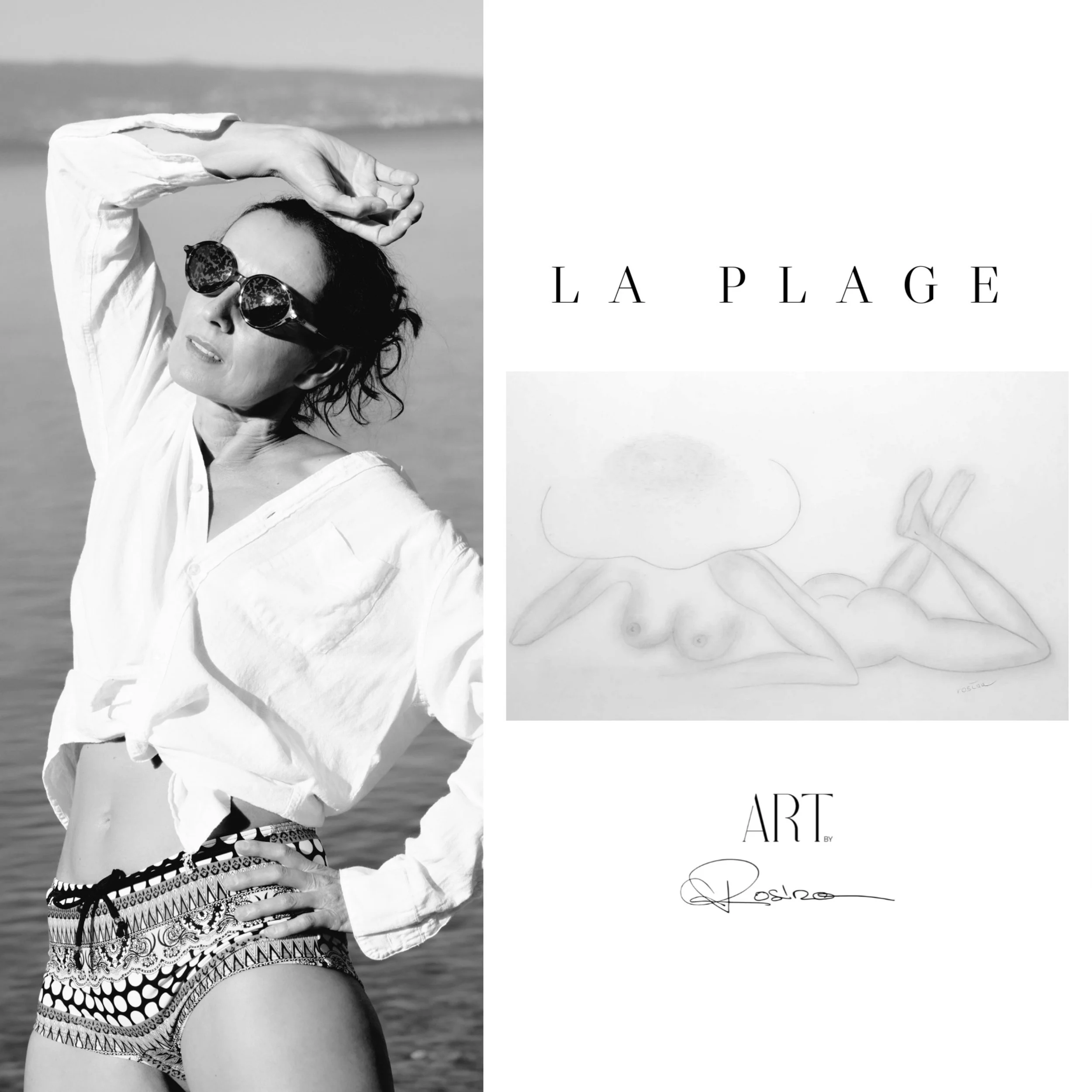 Une femme portant un haut blanc et un maillot de bain avec un motif à pois et un motif paisley, portant des lunettes de soleil, posant sur la plage avec l'océan en arrière-plan.