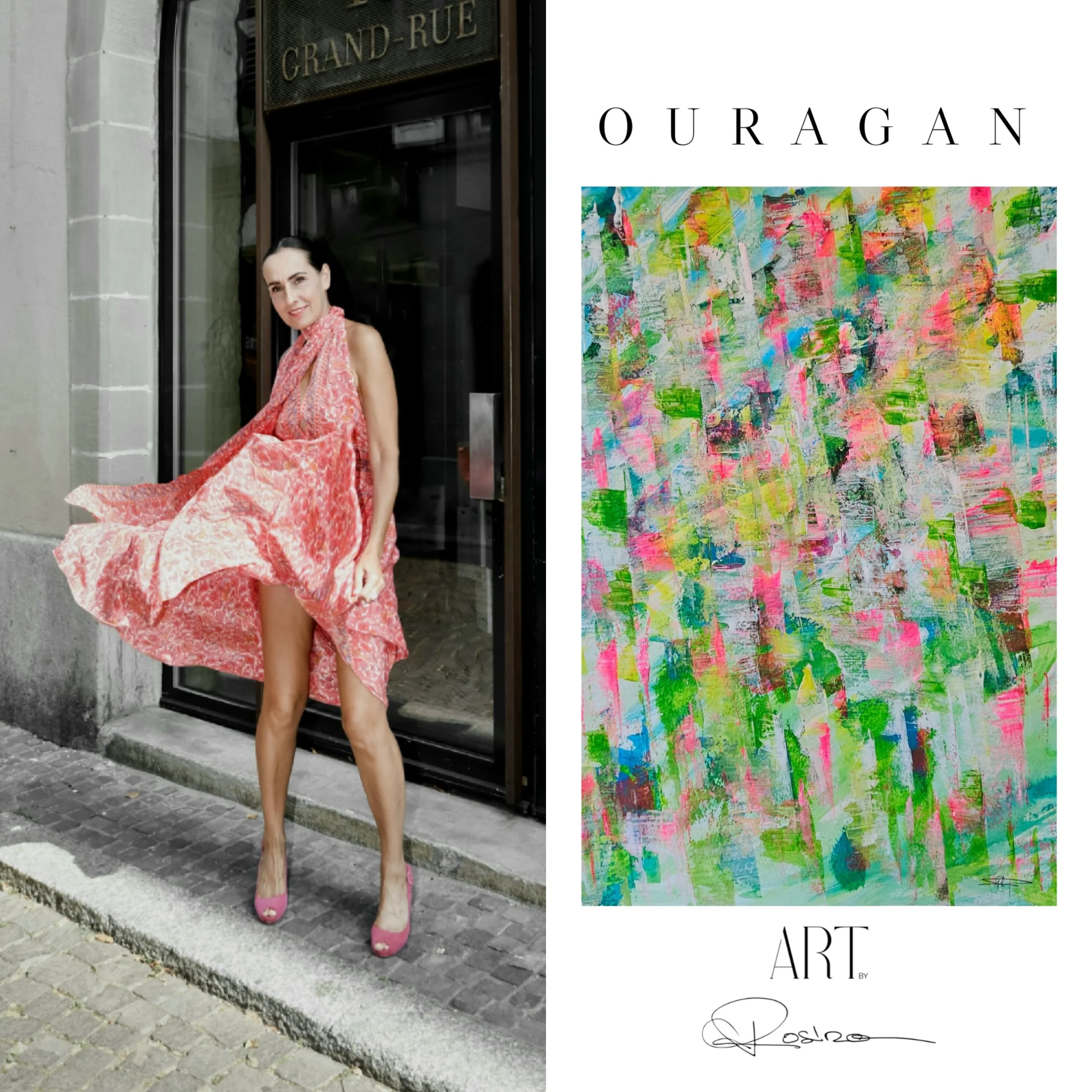 Une femme habillée avec une robe rose, chaussée de talons roses, posant devant un mur en pierre avec une porte en verre. À droite, un panneau avec des textes et un fond coloré abstrait.