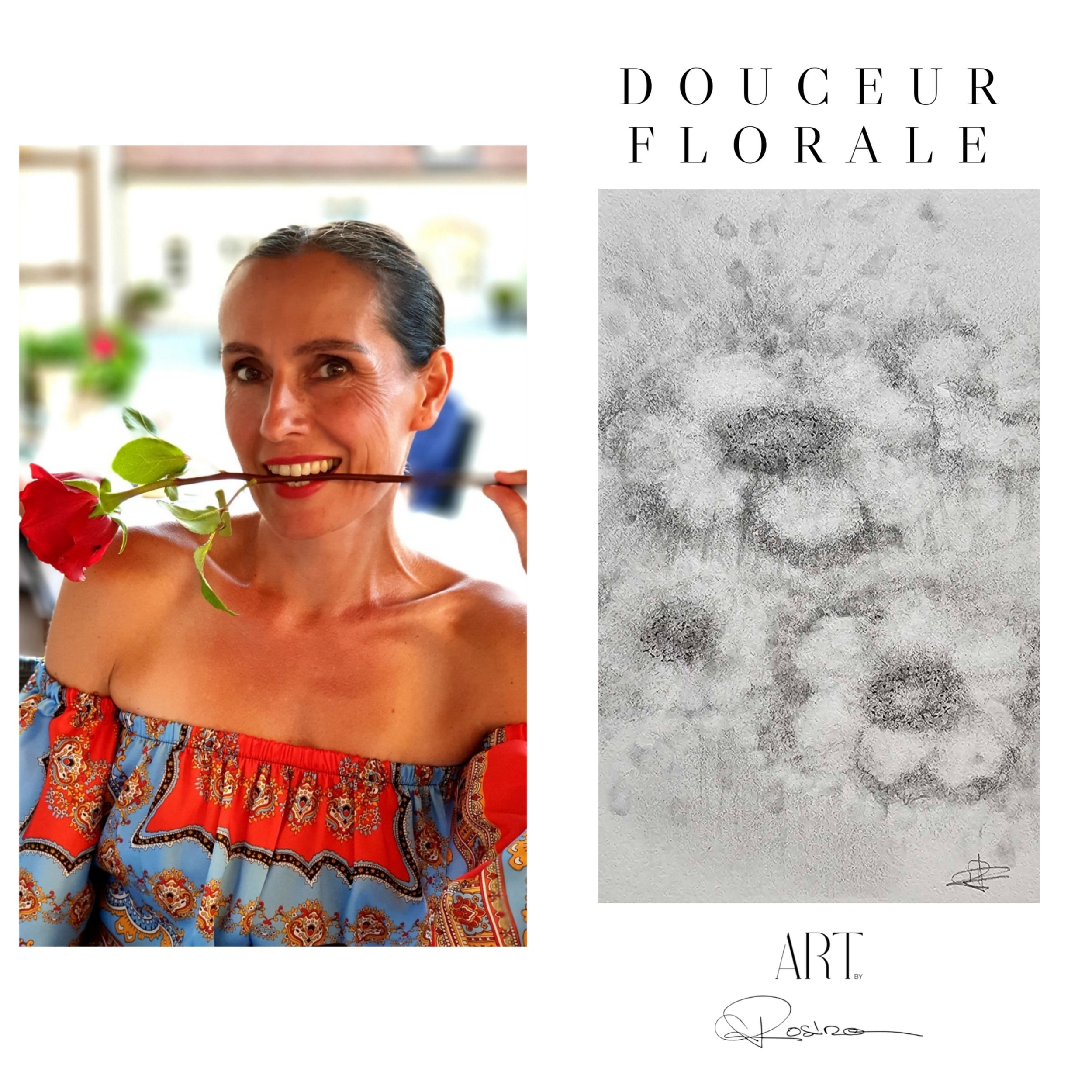 Une femme souriante tenant une rose rouge devant un fond flou avec la phrase 'Douceur Florale' écrite en haut et une texture grise en bas à droite.