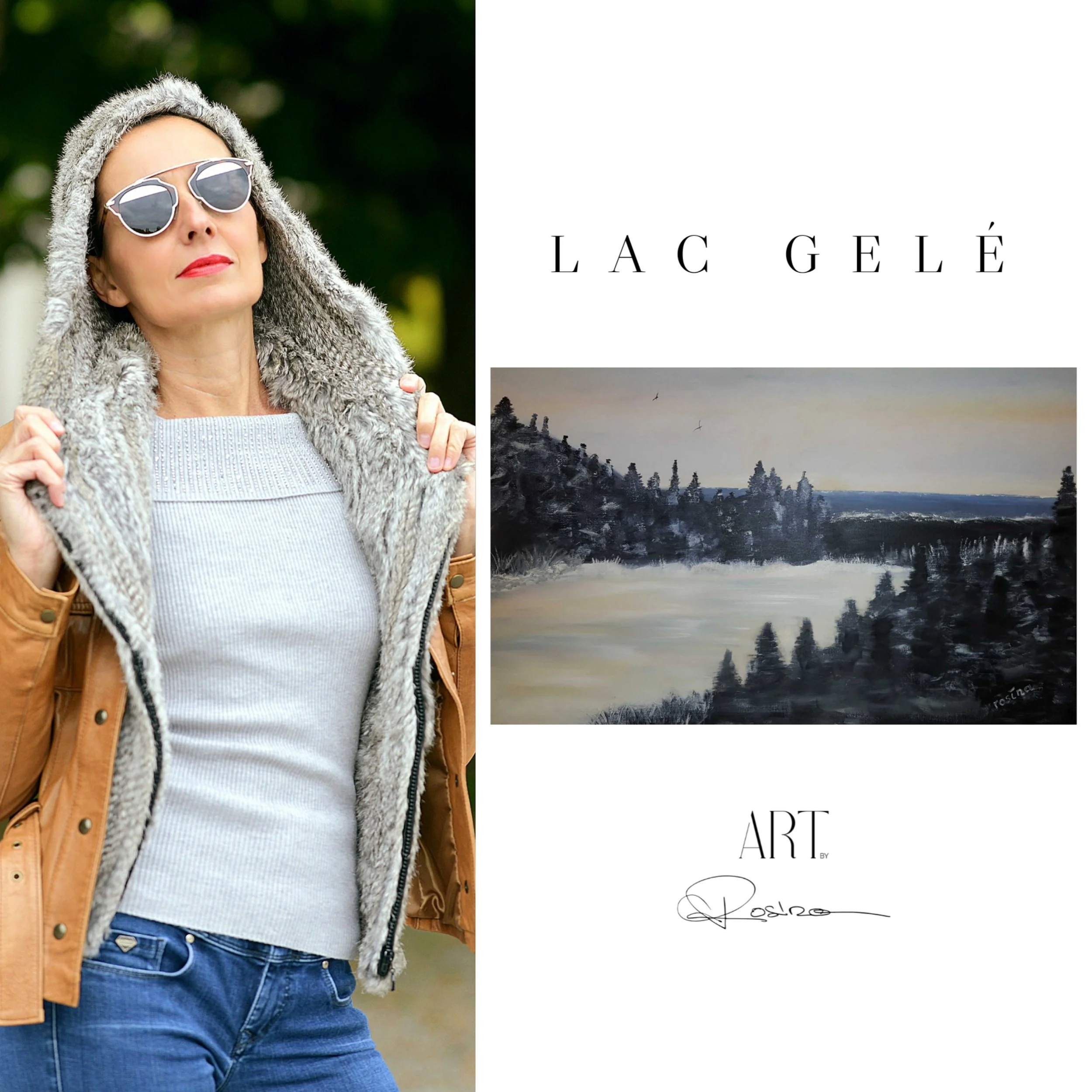 Madame portant une veste en fourrure grise, des lunettes de soleil blanches, et un haut gris clair, posant à l'extérieur avec des arbres flous en arrière-plan.