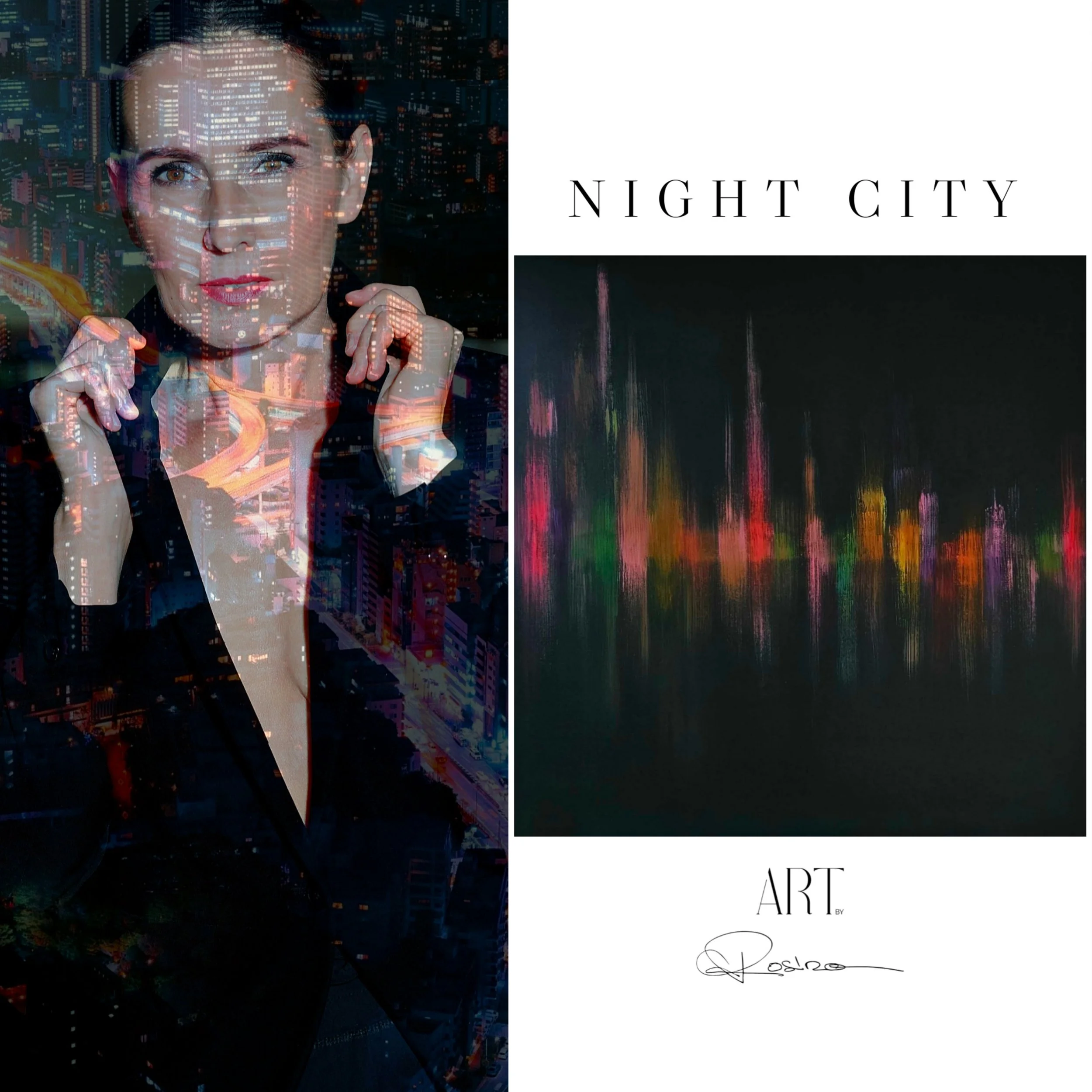Une image composée d'une femme avec une double exposition de lumières de la ville la nuit et le texte 'Night City'.
