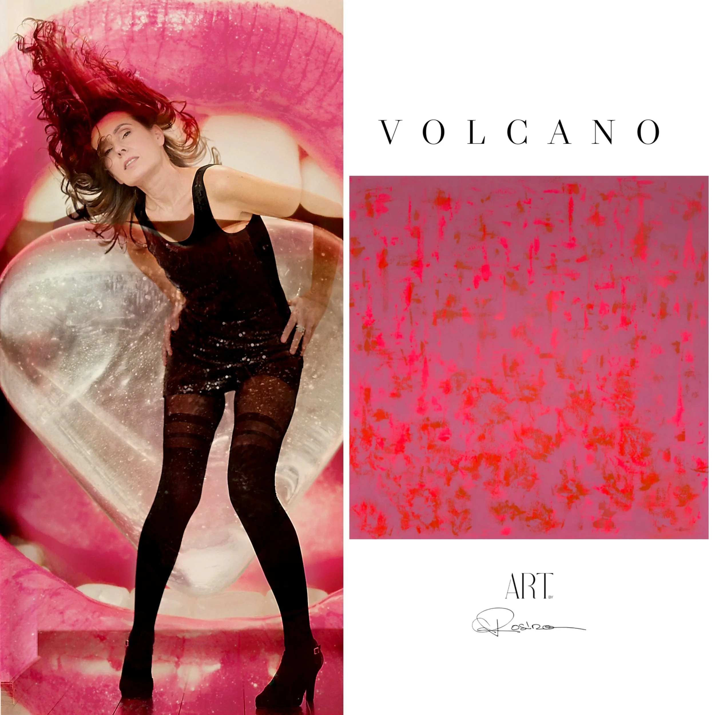 Une femme pose dans une baignoire en plastique transparente, entourée de couleurs roses et rouges avec un motif de lèvres géant en arrière-plan. Le texte sur l'image dit 'VULCANO ART'.