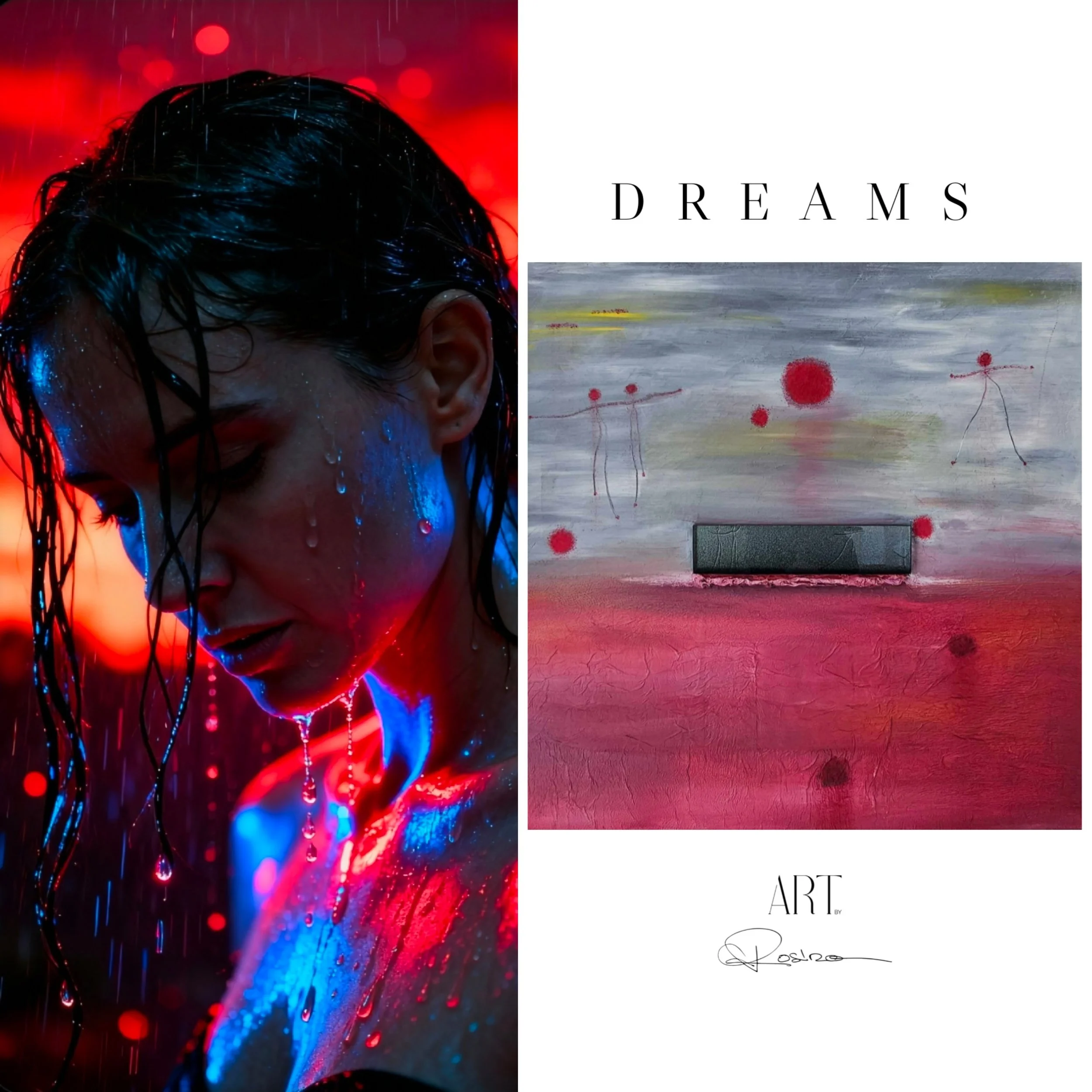 Une personne mouillée sous la pluie, avec un fond rouge flou, et à droite, une page avec le mot 'DREAMS' écrit en majuscules, suivi d'une œuvre d'art abstraite avec des formes rouges sur un fond gris