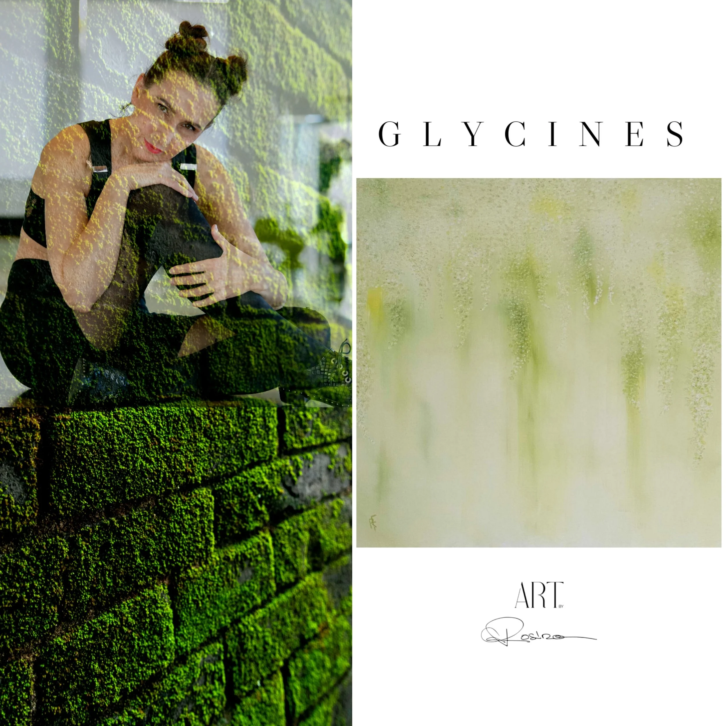 Une femme avec des cheveux attachés en chignon, portant un haut noir, devant une épaisse végétation verte, faisant une photo d'elle-même avec un téléphone portable, avec un doublement de son reflet dans la vitre. Le texte indique 'GLYCINES' et un aut