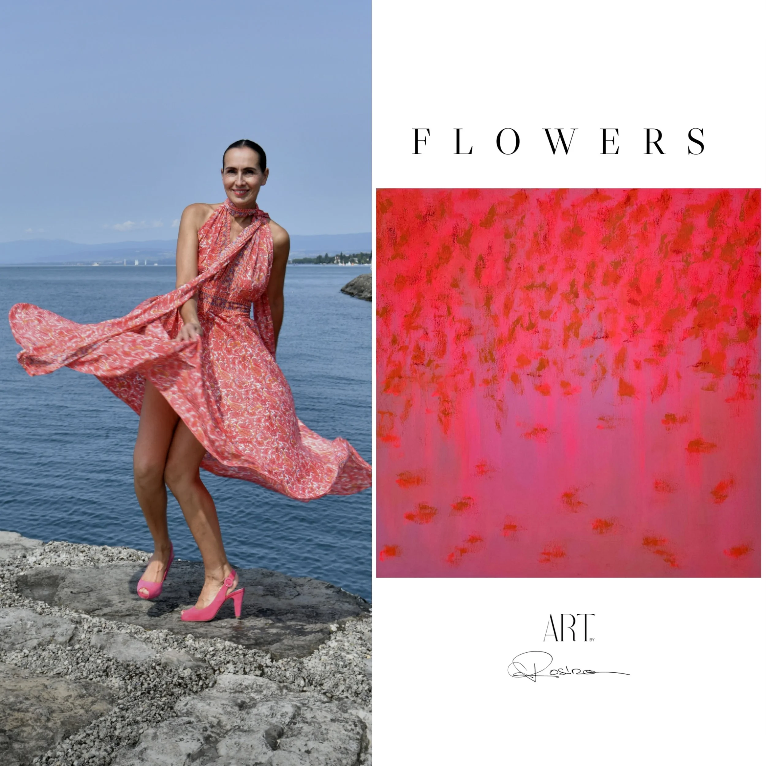 Une femme souriante portant une robe rose à motifs, debout sur une plage rocheuse, avec la mer en arrière-plan et portant des chaussures à talons roses, à gauche de l'image, et un fond blanc avec le mot 'Fleurs' écrit en noir, ainsi qu'une section ro