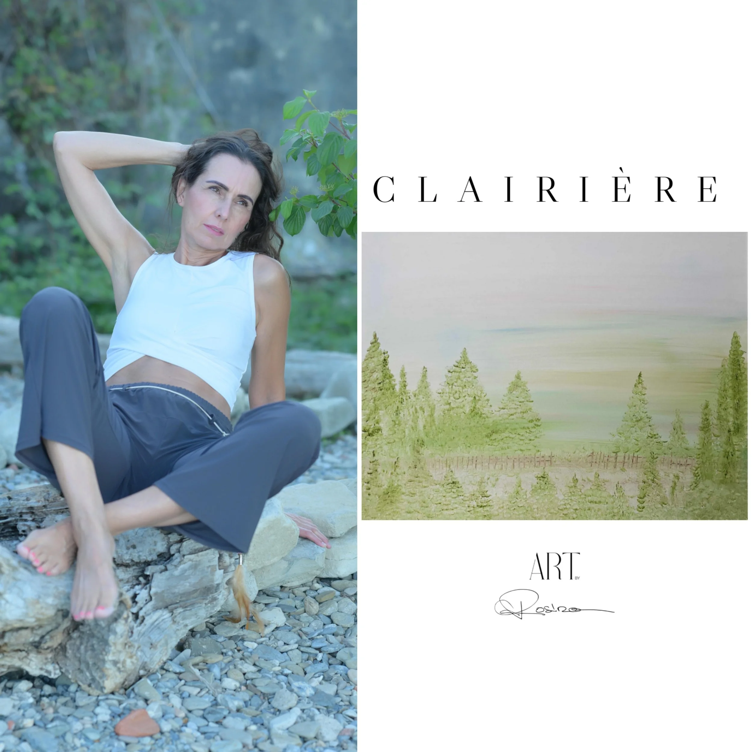 Une femme avec des cheveux bruns et un teint clair, portant un haut blanc, est assise côté nature, dans un environnement verdoyant avec des arbres et des rochers. Elle regarde légèrement vers la gauche avec une expression pensive, elle se tient la ma
