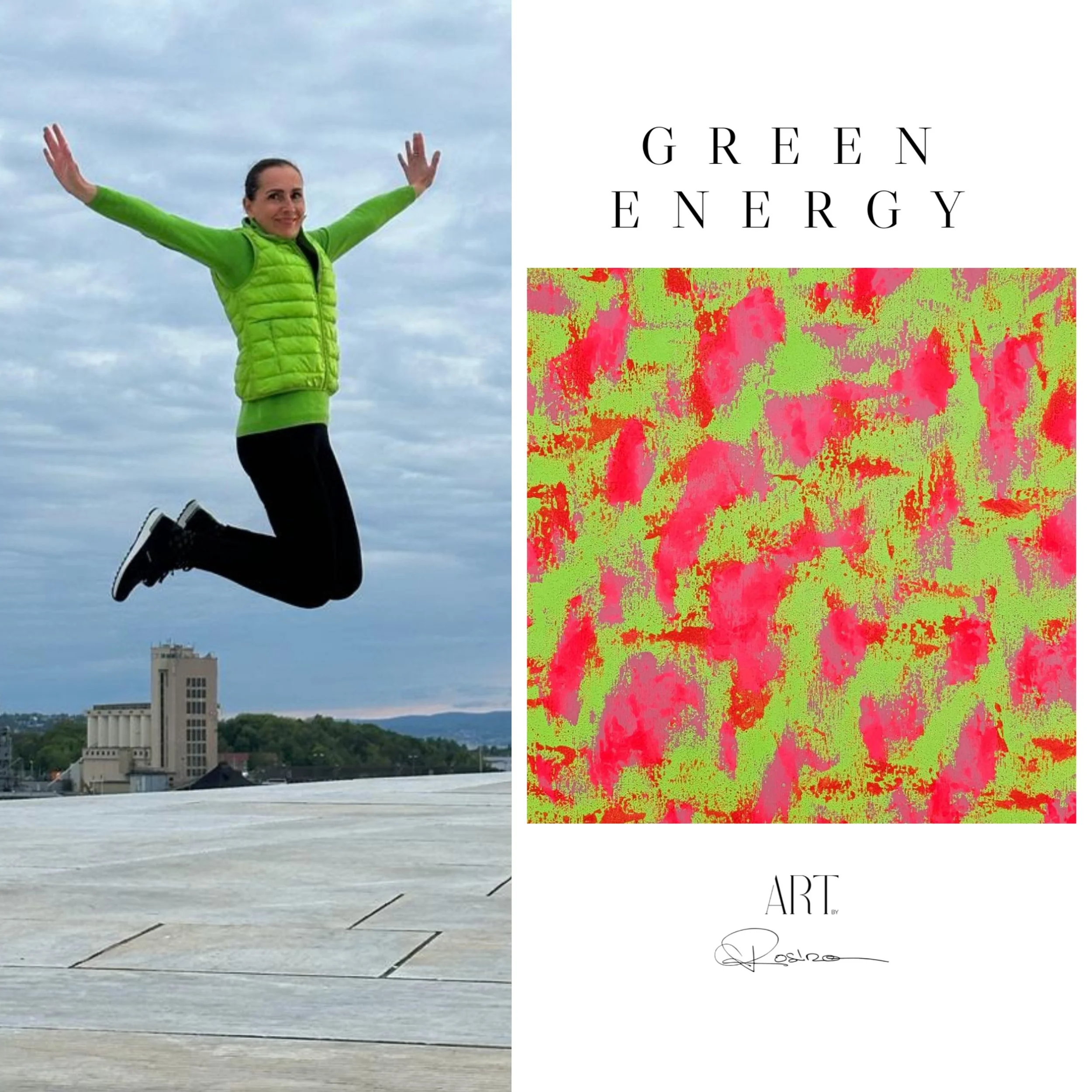 Une femme souriante en vêtements verts, apparemment en mouvement, avec le ciel nuageux en arrière-plan. À droite, un texte indique 'Green Energy' et 'Art' avec un fond coloré abstrait.