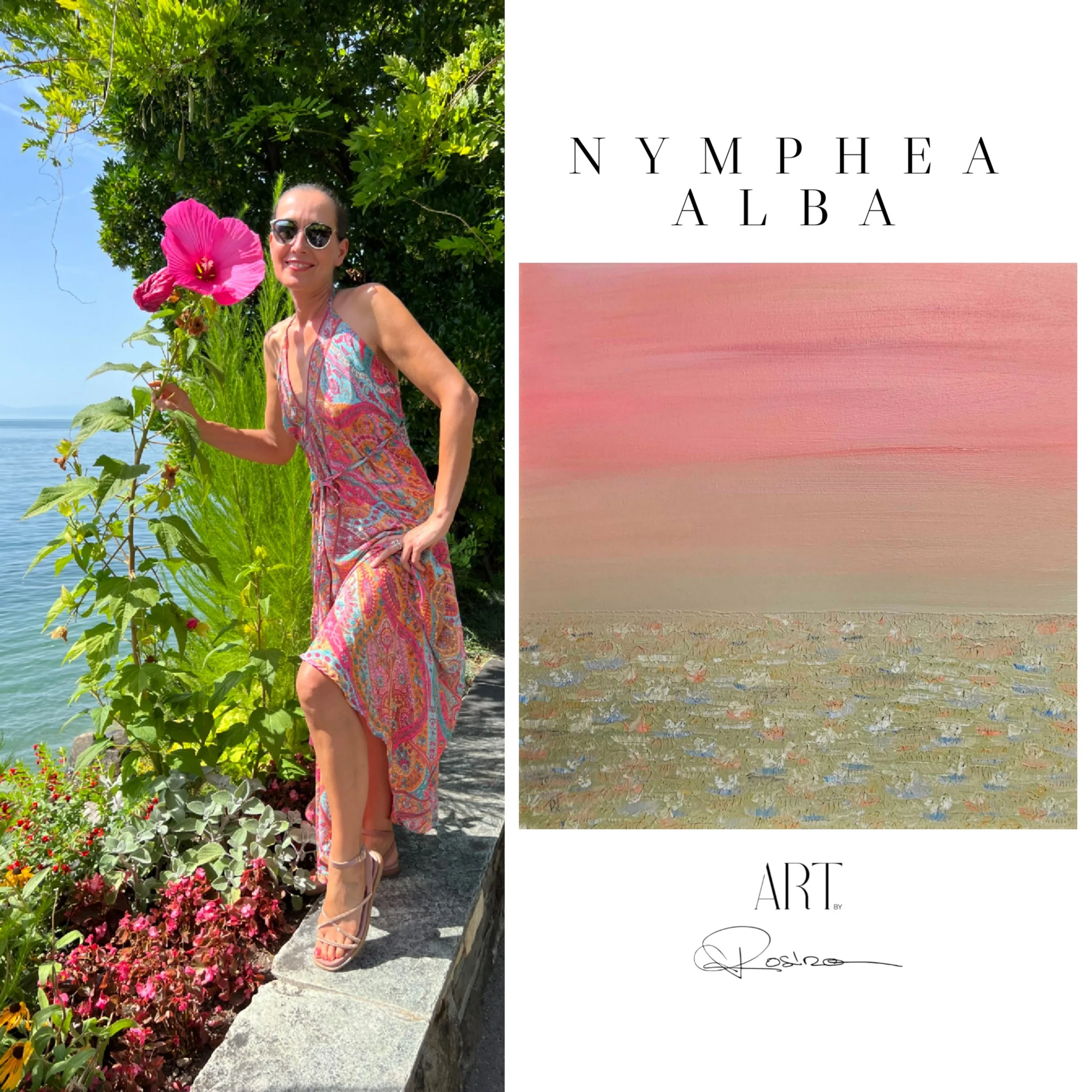 Une femme souriante portant une robe colorée et des lunettes de soleil, debout à côté d'une haie de fleurs roses et rouges, près de l'eau et d'arbres verts, accompagnée d'un texte en anglais 'Nymphe à la Art'.