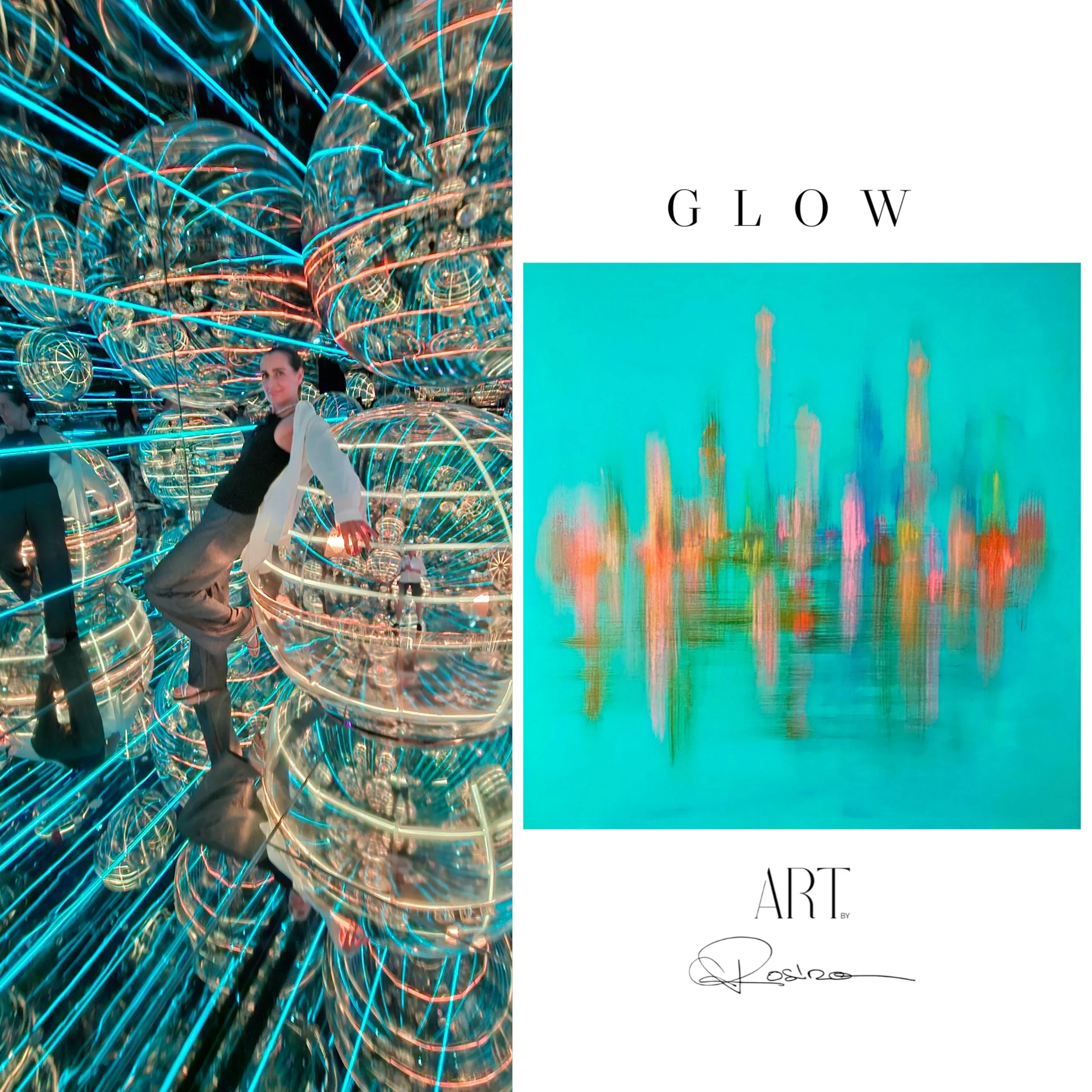 Une œuvre d'art moderne avec des lumières colorées et des formes abstraites, accompagnée du mot « GLOW » et d'autres textes en anglais. Il y a aussi une personne assise parmi ces formes lumineuses.