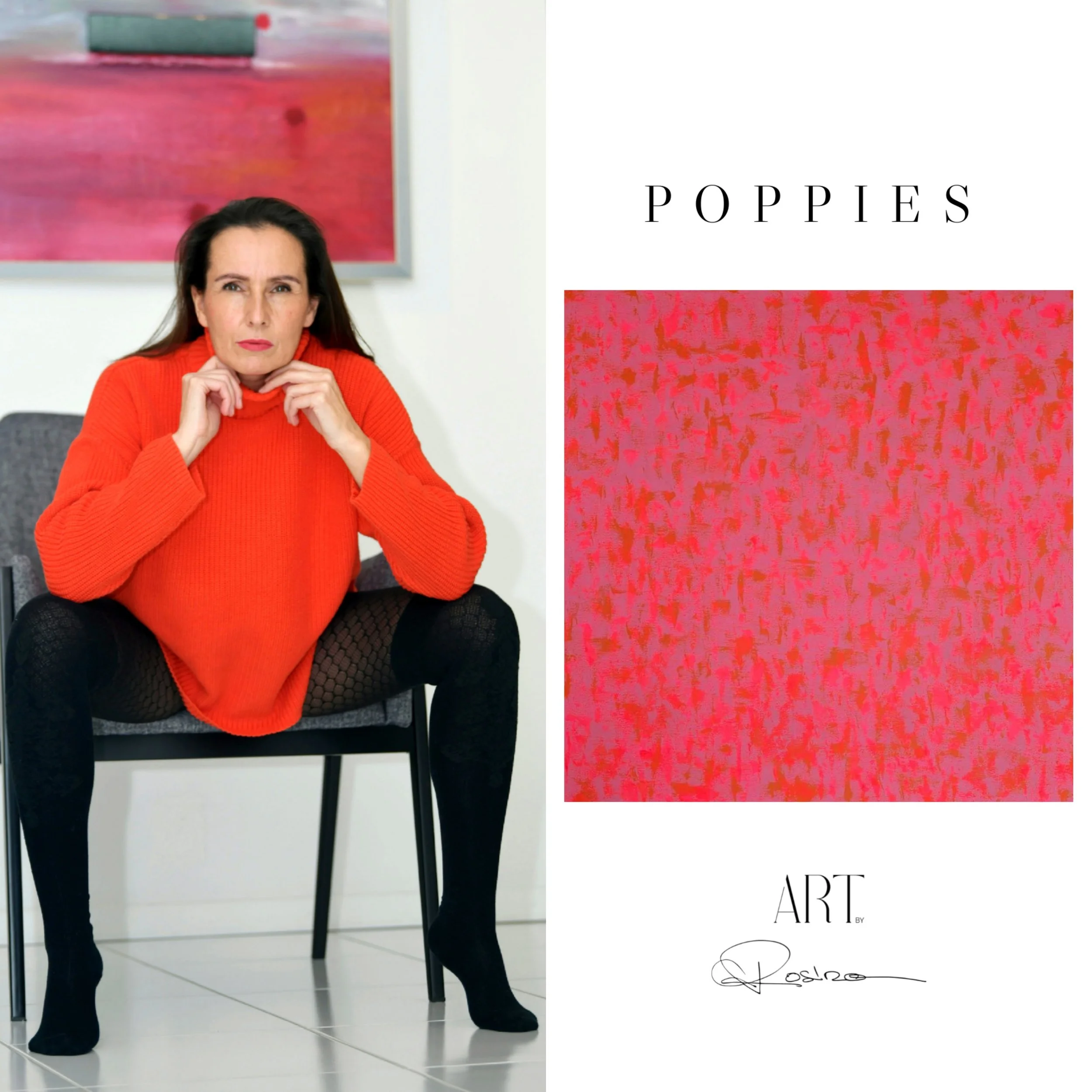Une femme portant un pull rouge, assise sur une chaise, en regardant fixement. En arrière-plan, une peinture abstraite rouge et violette. L'image est partiellement couverte par un design graphique avec le mot 'POPPIES' et un fond rose et rouge, avec 
