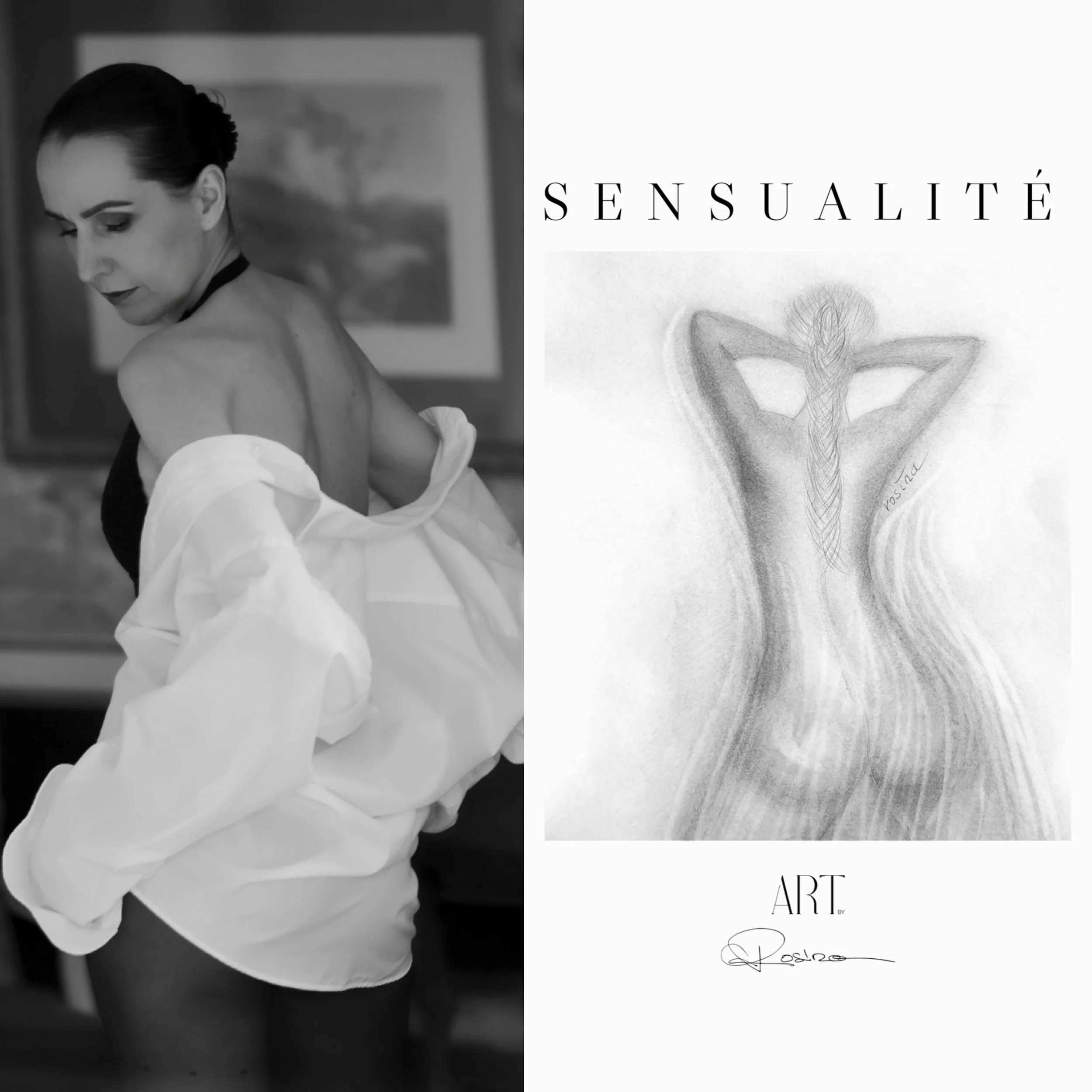 Une femme à la peau claire, cheveux courts et sombres, regarde en bas à gauche dans une pièce en noir et blanc, portant une chemise blanche et un choker noir, avec un tableau en arrière-plan. À droite, une image d'un dessin artistique noir et blanc r