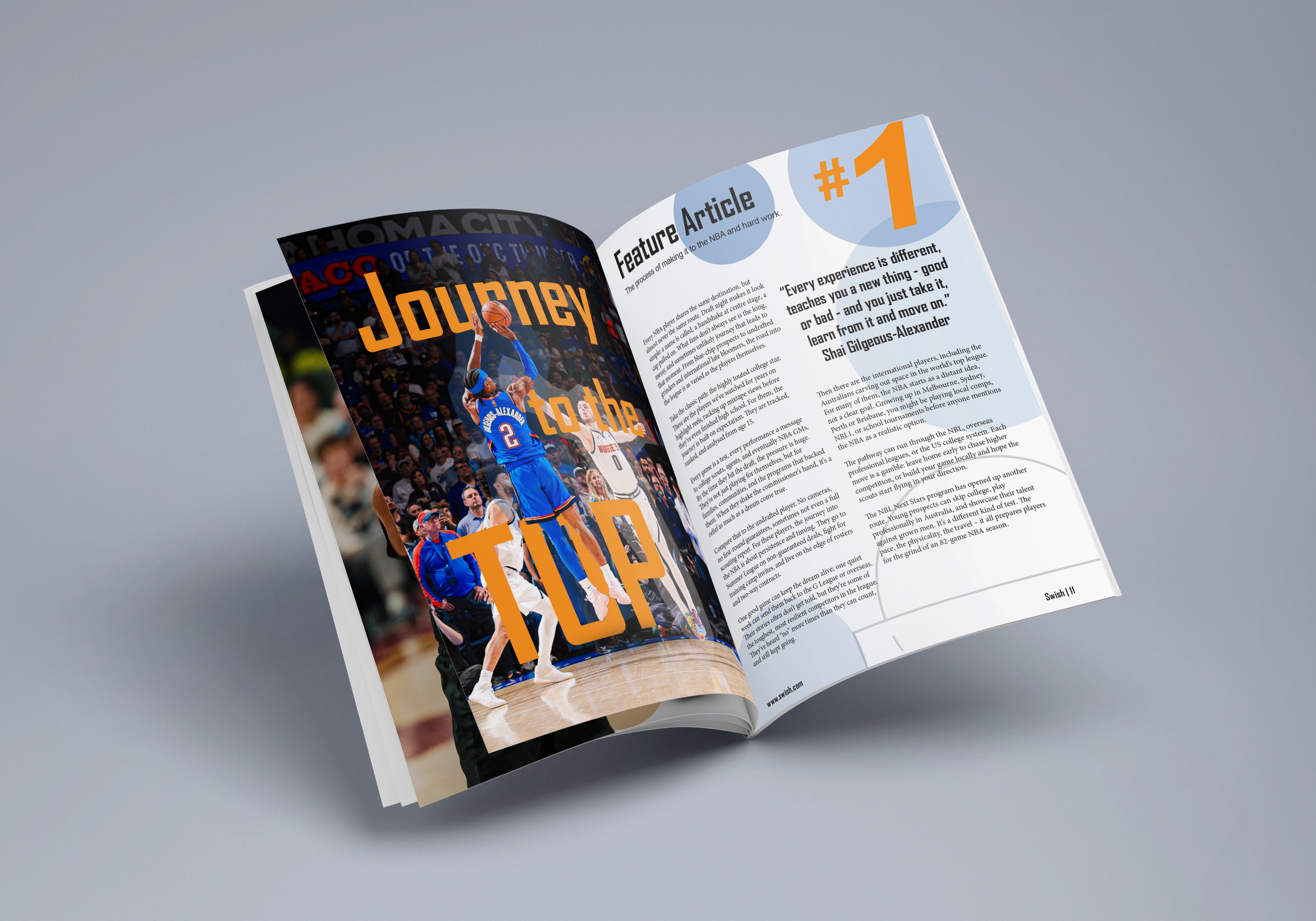 Open magazine showing a basketball player in a blue uniform jumping for a shot on a basketball court, with the title "Journey to the Top" overlayed on the page.
