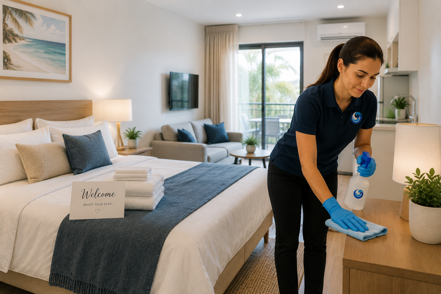 Housekeeper cleaning a wooden table in a hotel room with a spray bottle and blue cloth, bedroom with neatly made bed, pillows, and a welcome sign.