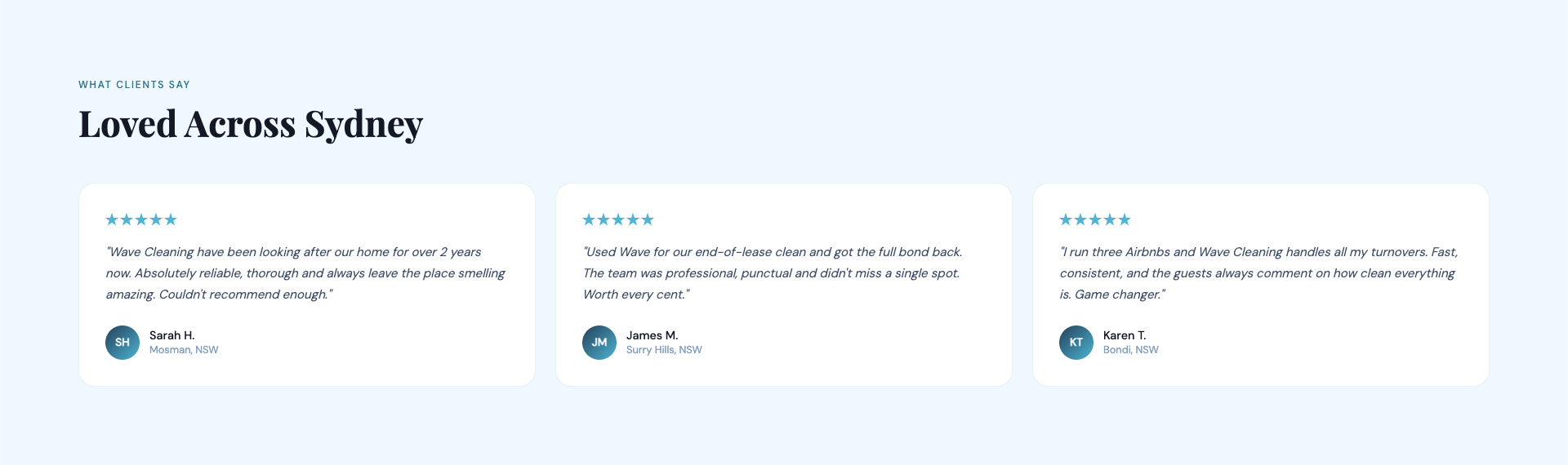 Customer reviews and testimonials for Wave Cleaning services, with star ratings, customer names, locations in New South Wales, and feedback about their experience.