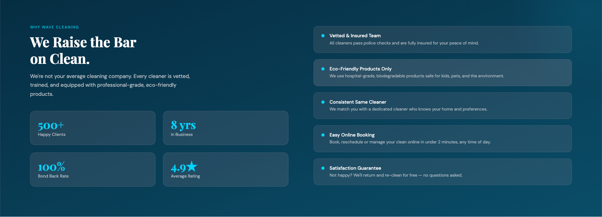 Blue website page for a cleaning company with headlines about quality and eco-friendly services, including client stats and service features like insured team, eco-products, online booking, and satisfaction guarantee.
