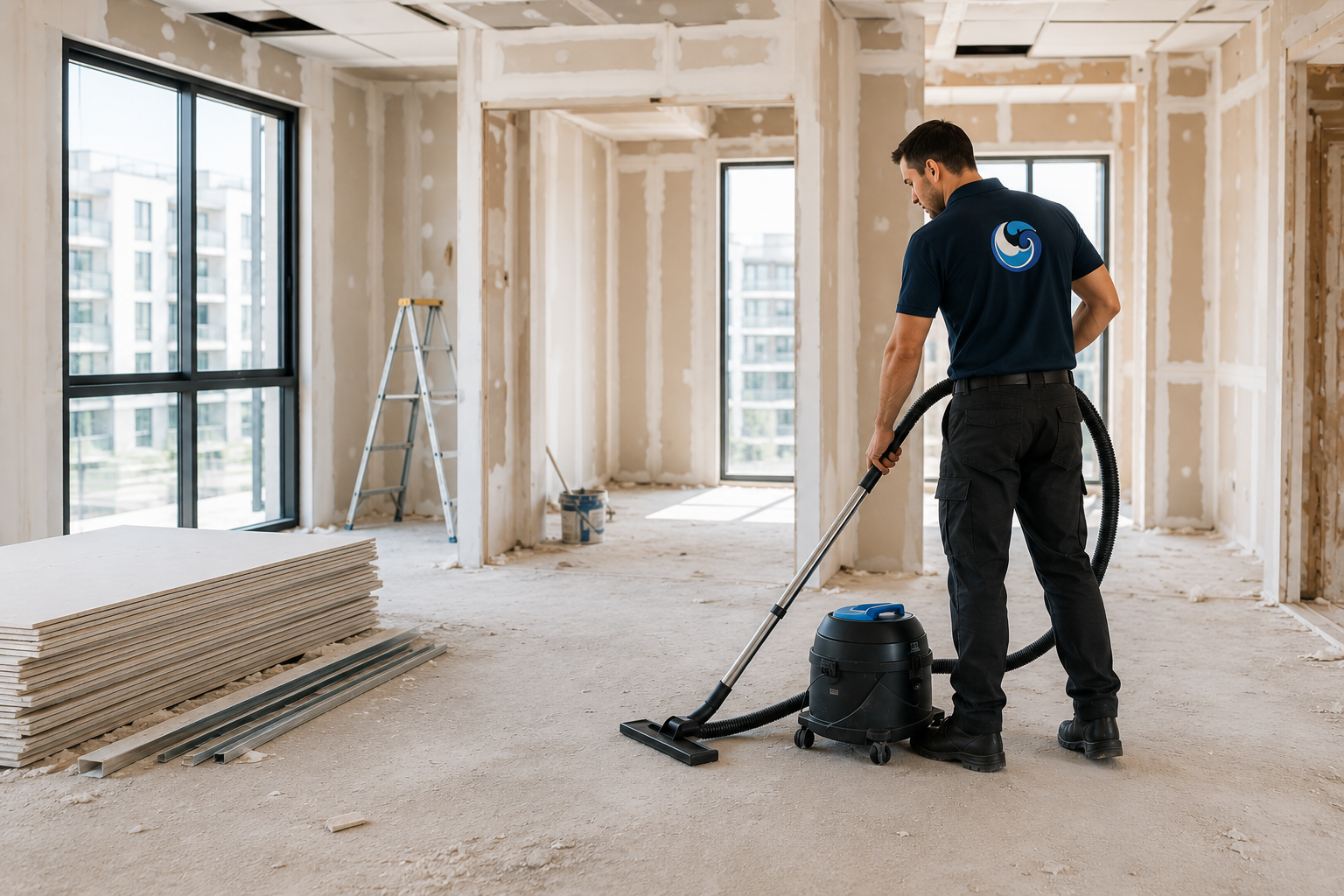 A worker using a vacuum cleaner on a dusty construction site inside an apartment with large windows and exposed walls.