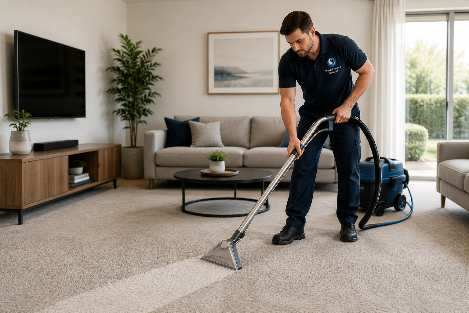 A professional in wave cleaning services wearing a navy uniform vacuuming a beige carpet in a living room with modern furniture and green plants.