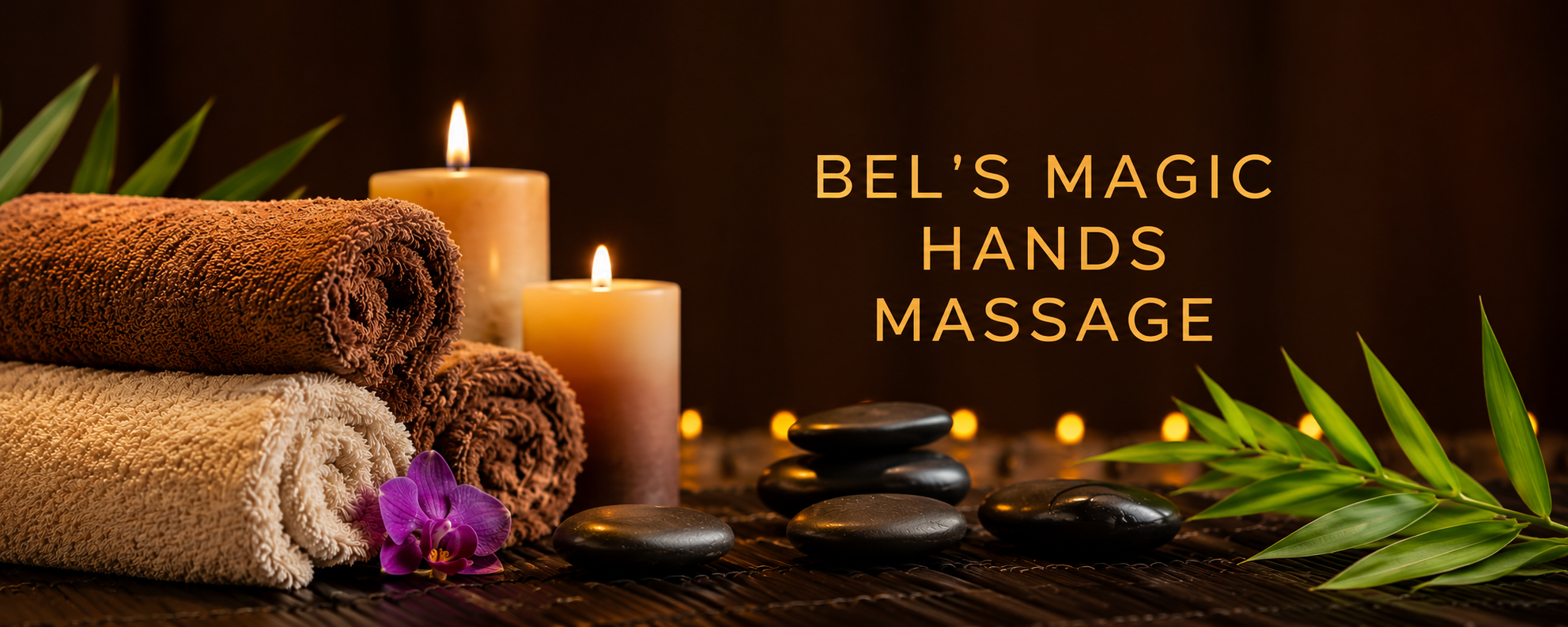 Spa setting with rolled towels, lit candles, black stones, green leaves, and purple flowers, with the text 'Bel's Magic Hands Massage' on a dark background