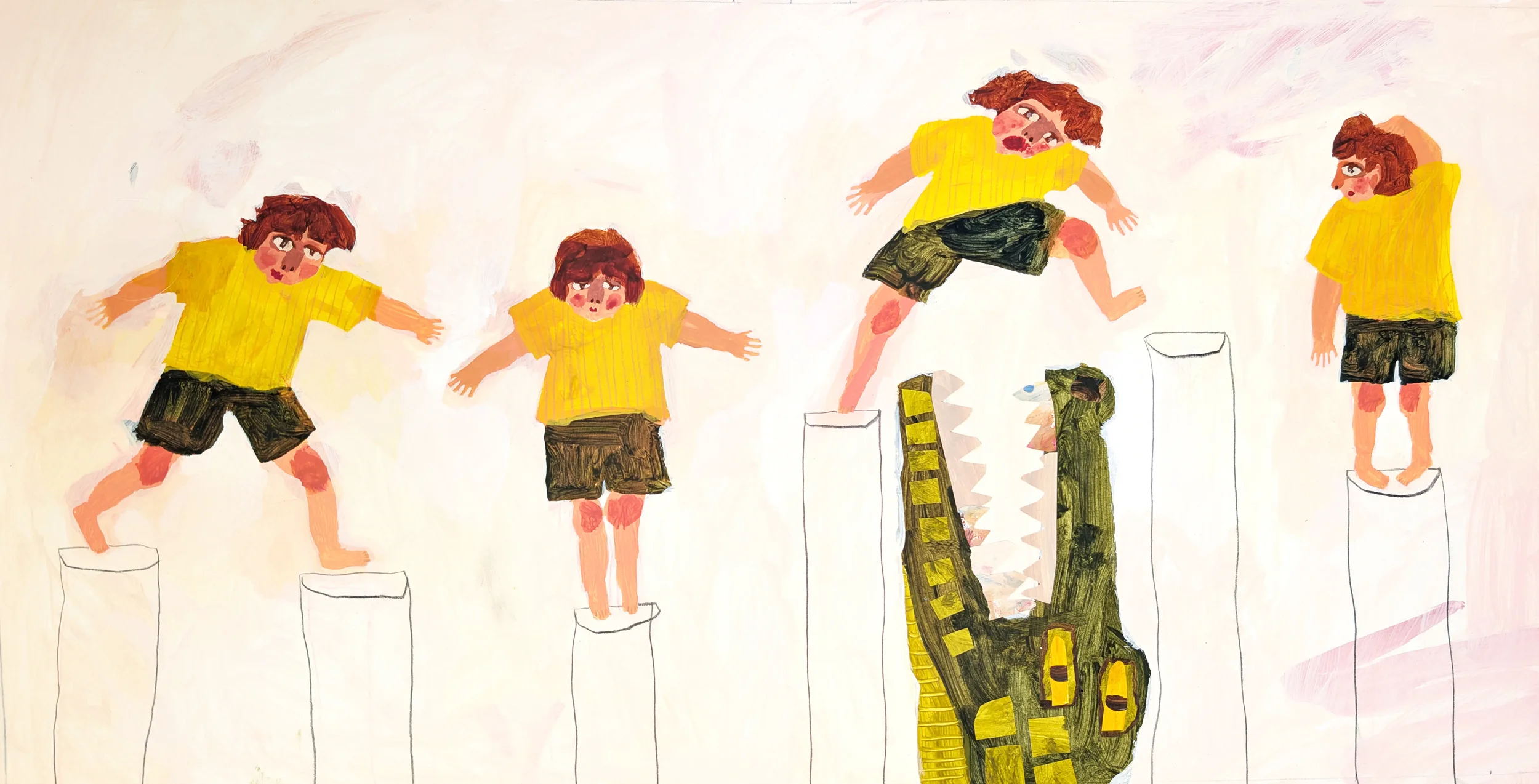 Illustration of a small boy jumping over stepping logs and just missing being snapped by a crocodile.