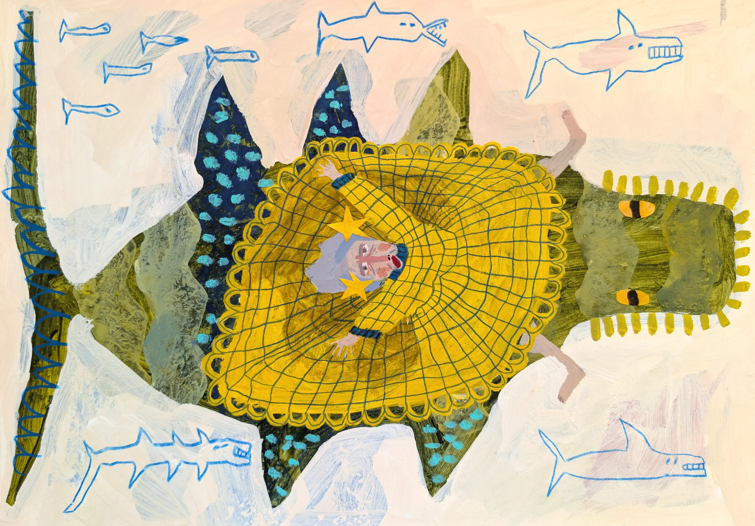 Children's drawing of a person in a yellow dress with a large net, surrounded by mountains, sharks, and fish.