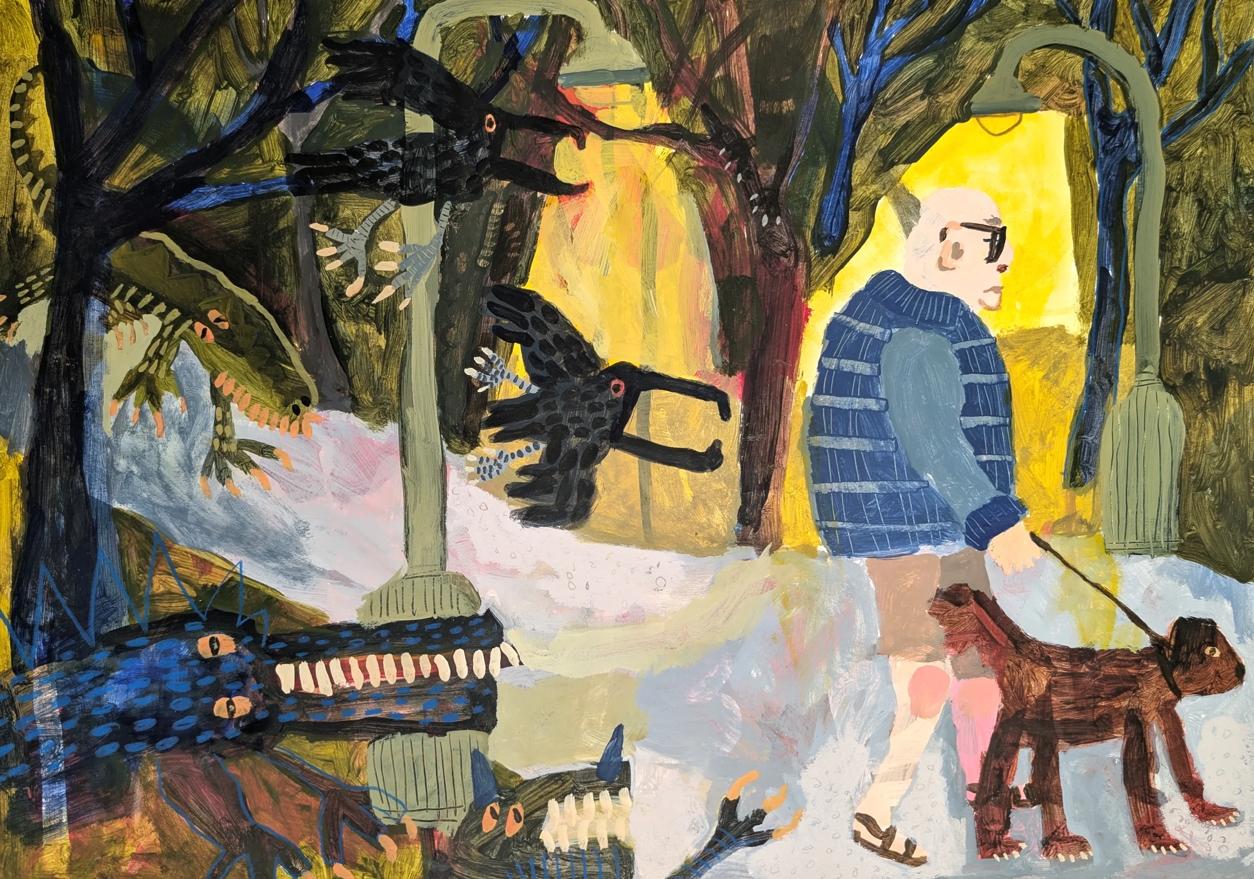 Illustration of old man walking a dog through a park at night being followed by monsters in the trees and bush.