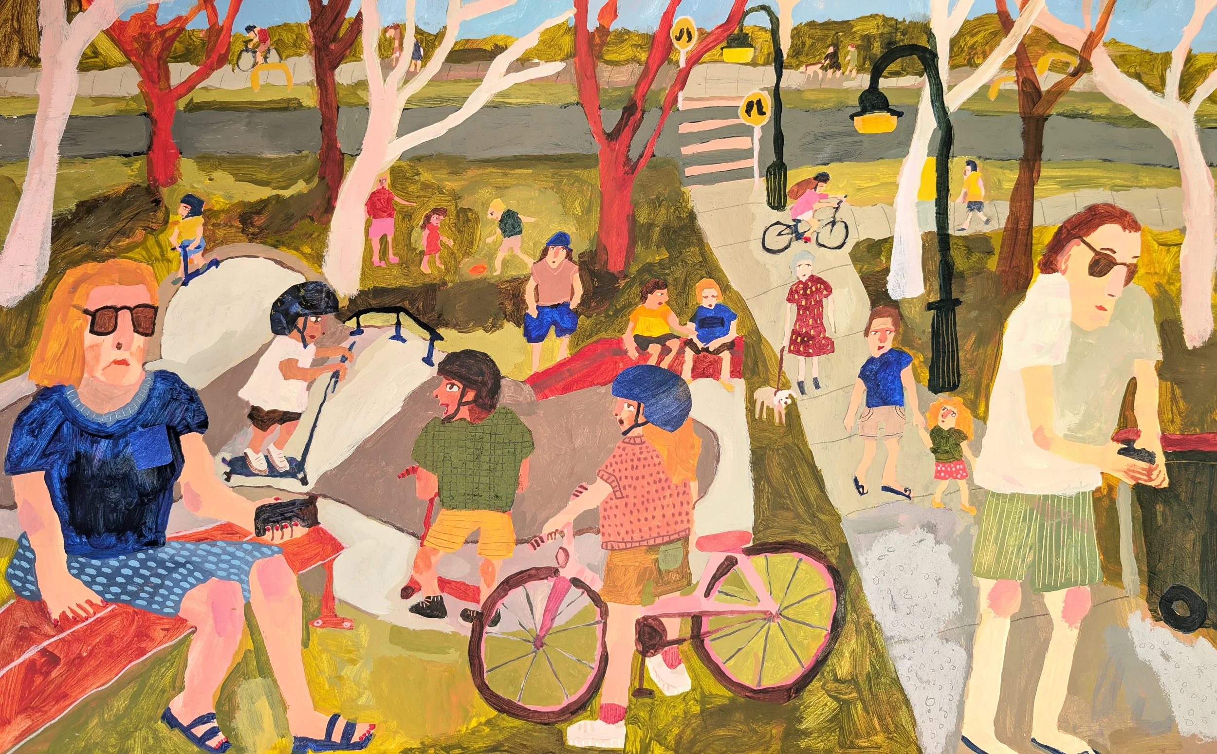 A colorful painting of a park scene with people walking, cycling, and sitting under trees on a sunny day.
