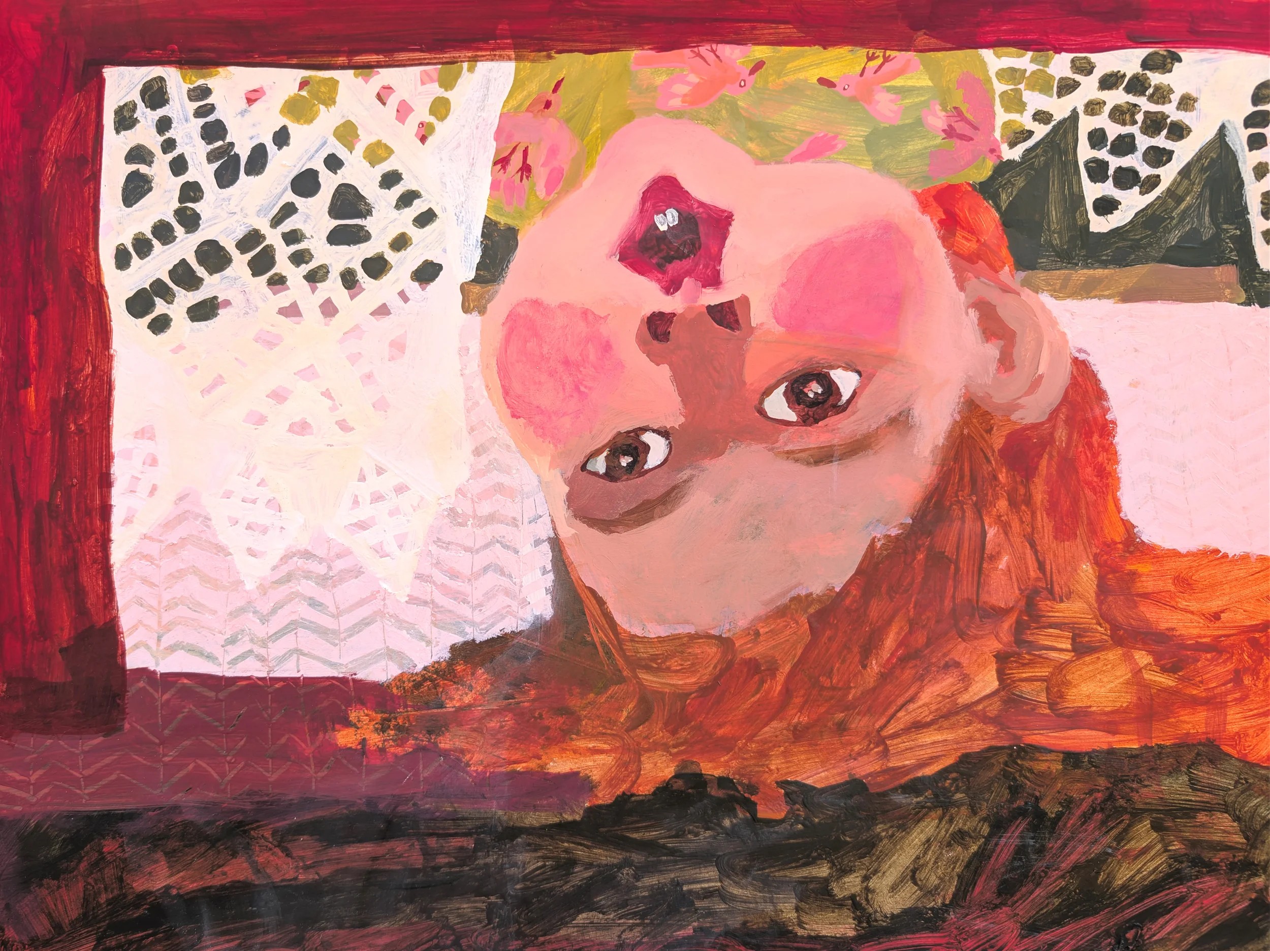 Painting of a woman with red hair looking up, with pink birds and various abstract colored shapes in the background.