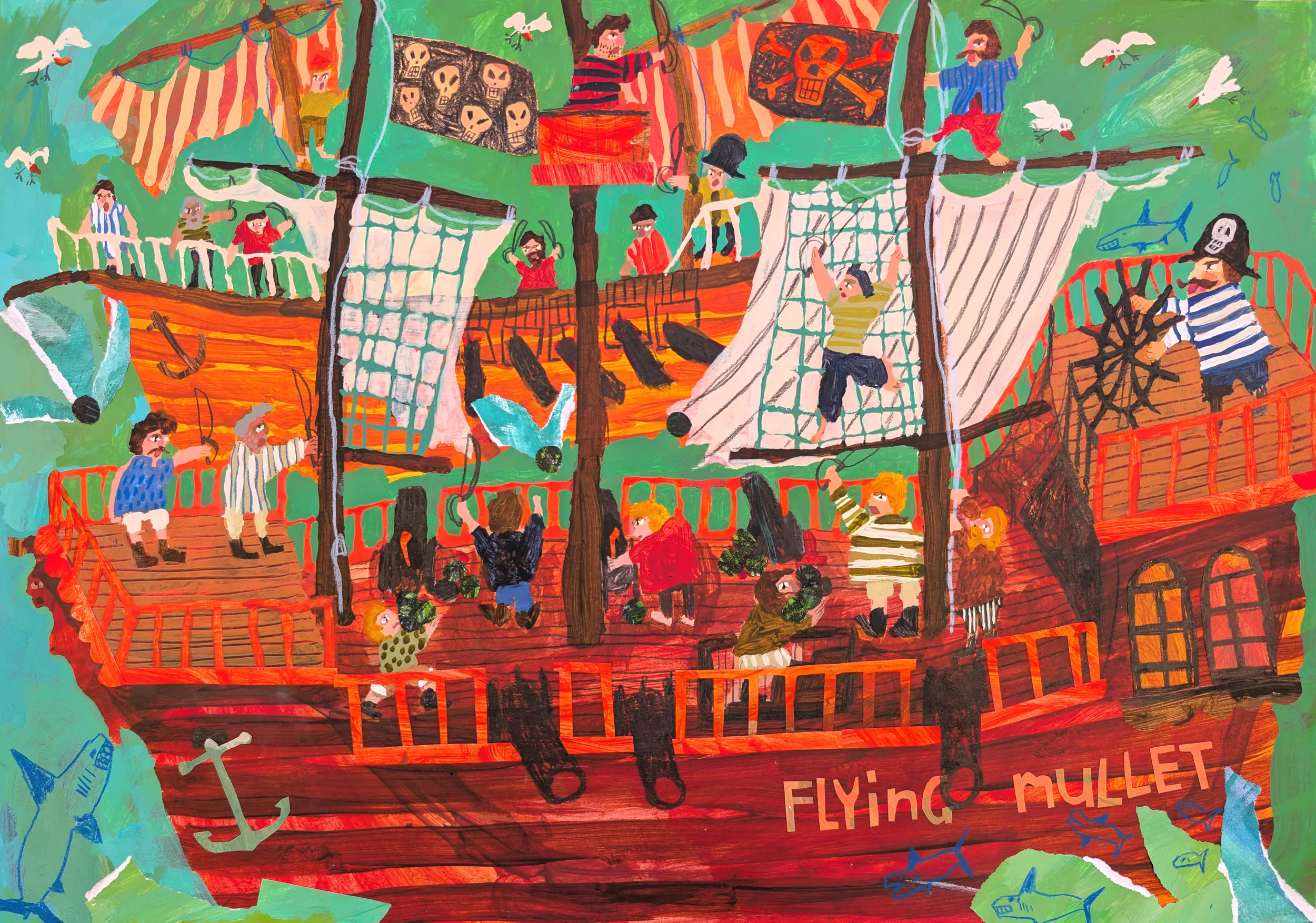Mixed media illustration of a pirate ship with multiple decks, pirates, skull and crossbones flags, seagulls, and fish in the water. 