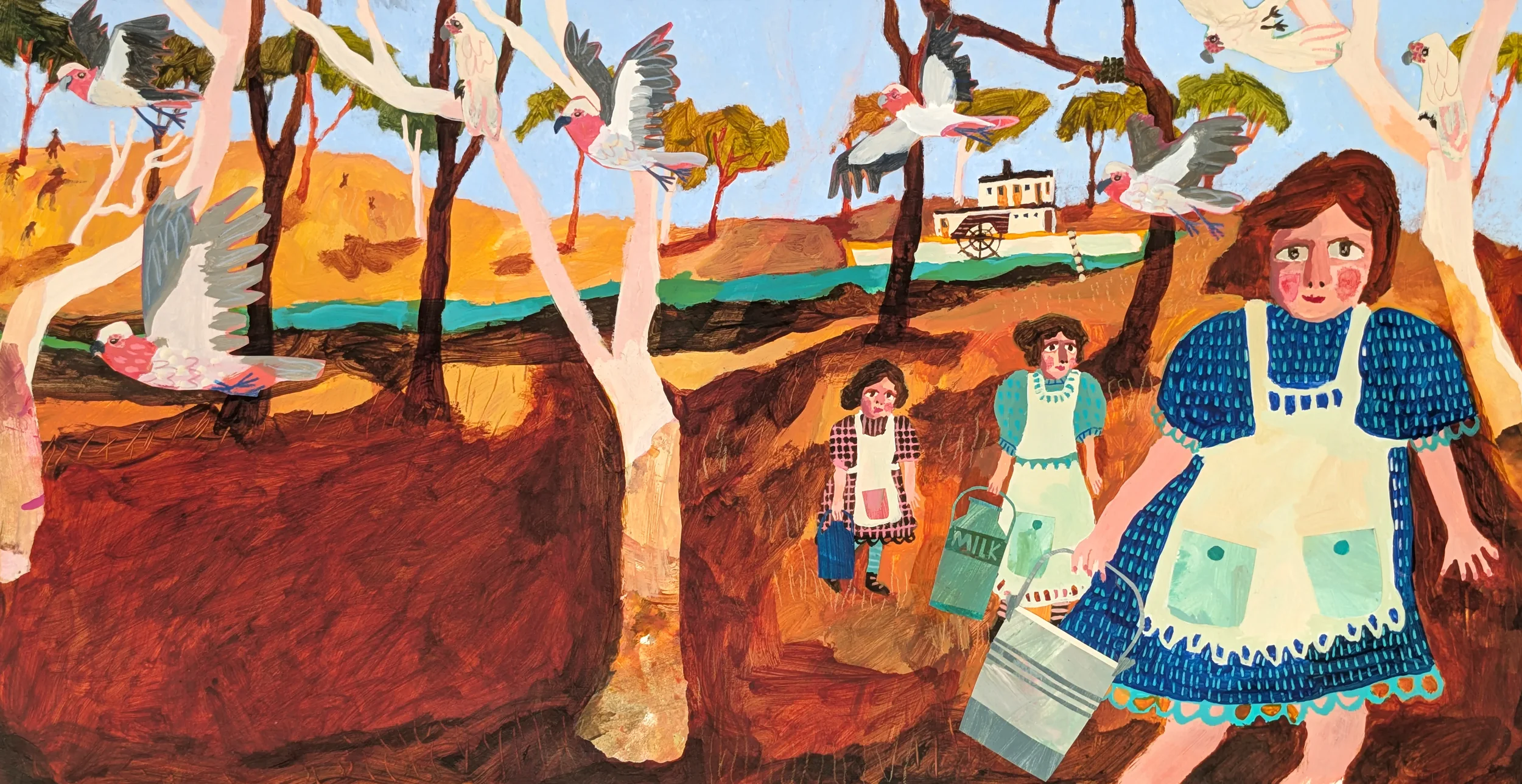 Colorful painting of women and children harvesting or gathering in a rural landscape with trees, a house, and birds in the sky.