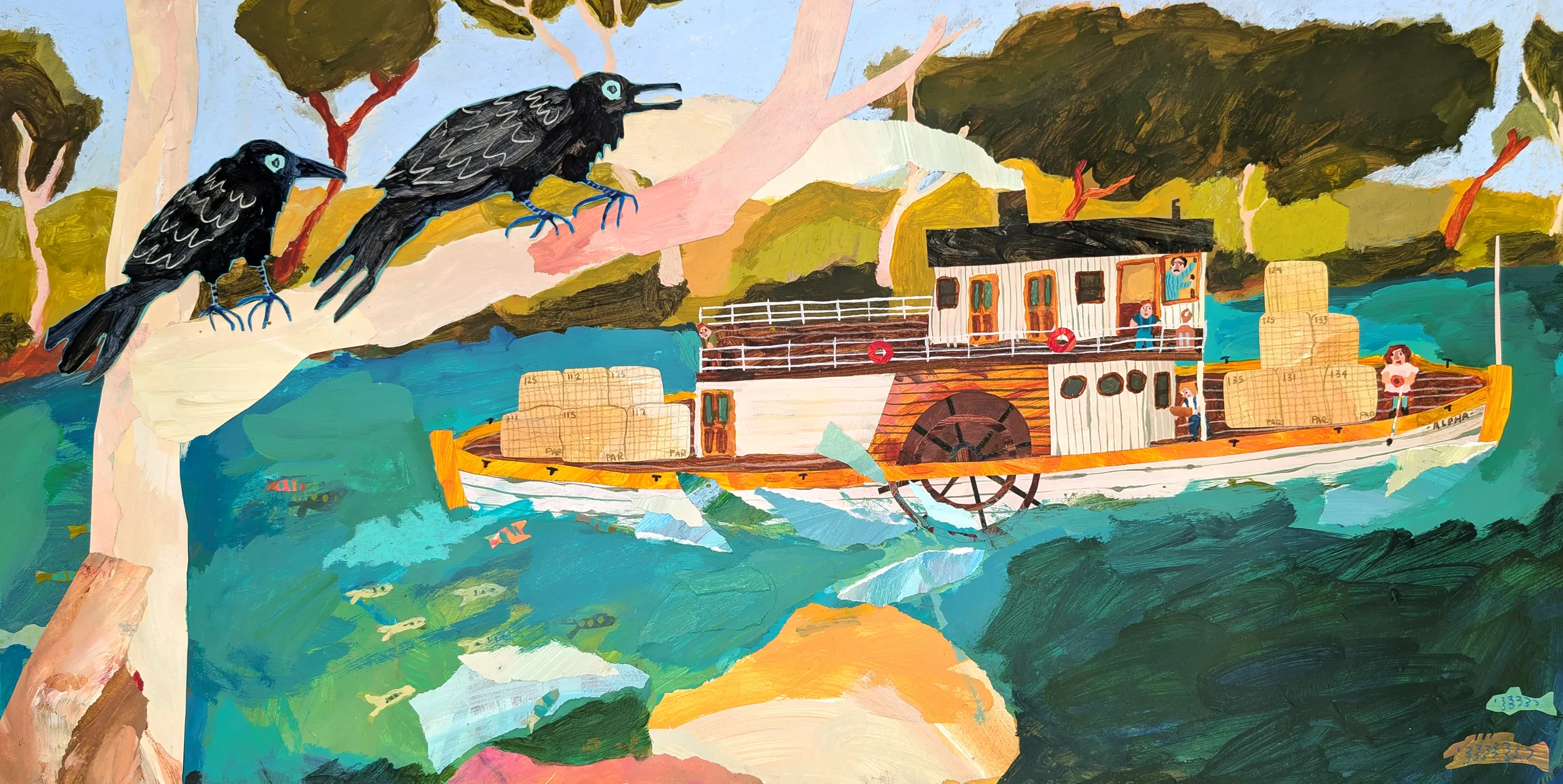 A colourful illustration of an Australian landscape river scene with a boat carrying cargo and people, surrounded by trees and fish in the water, with a pair of black Ravens watching from a gum tree.
