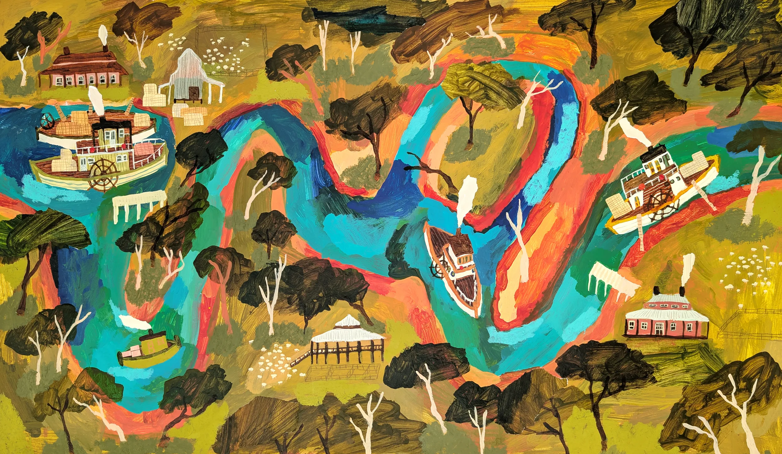 A colorful painting of a landscape with winding rivers, trees, houses, and boats, all depicted in vibrant, abstract brushstrokes.