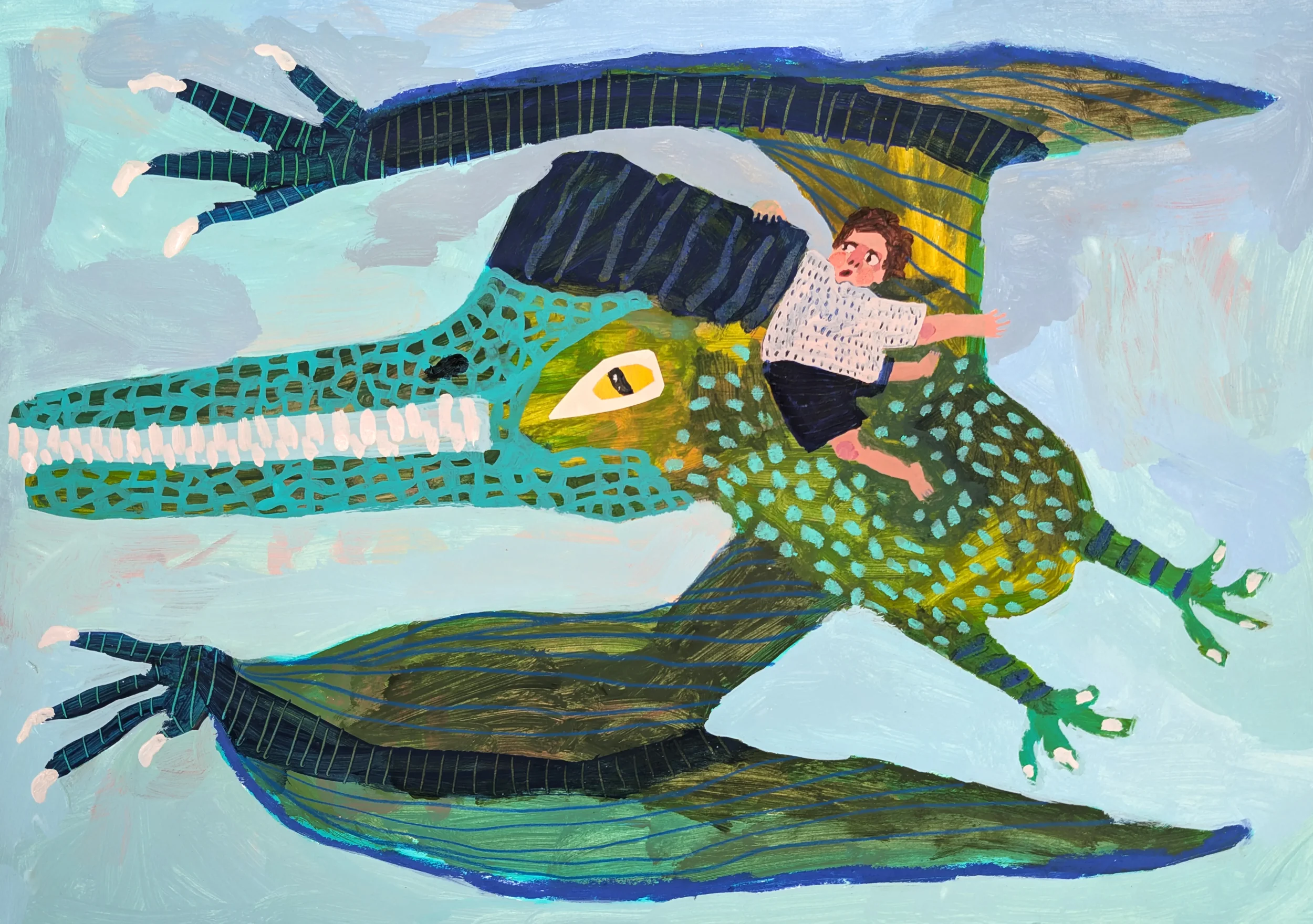 Mixed Media Illustration of a flying dinosaur with a boy riding on its back holding on tight.