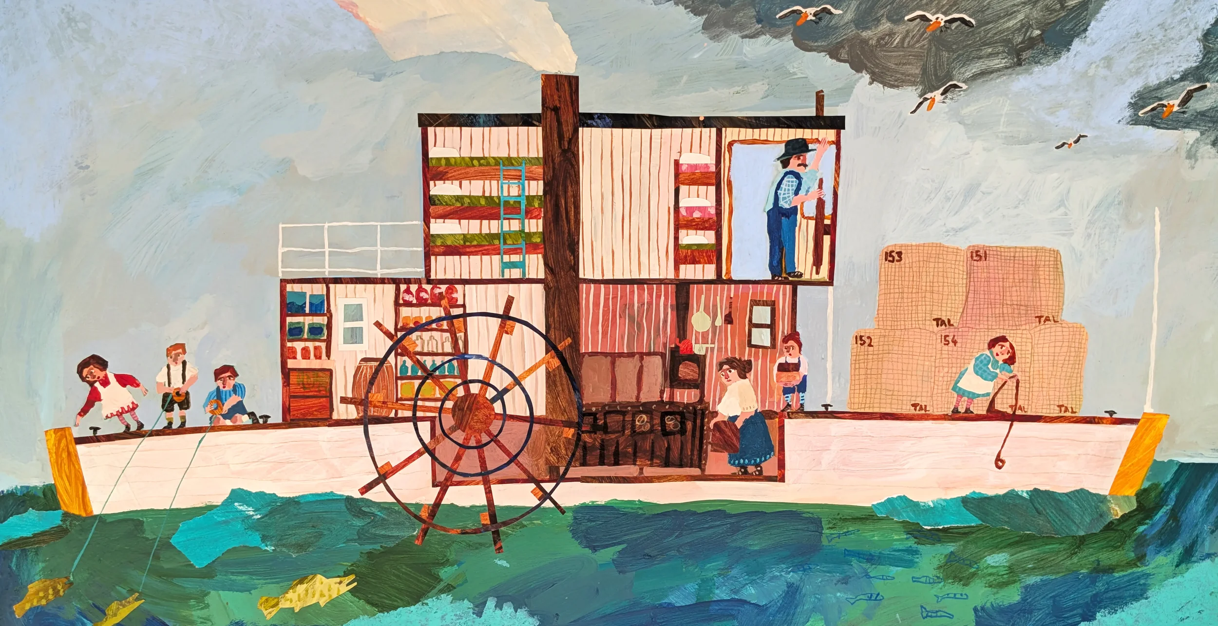 A colorful painting depicts a wooden house-like structure on water with children and a woman engaging in various activities like fishing, climbing, and sitting. The sky has flying birds, and there is a large water wheel in front of the building.