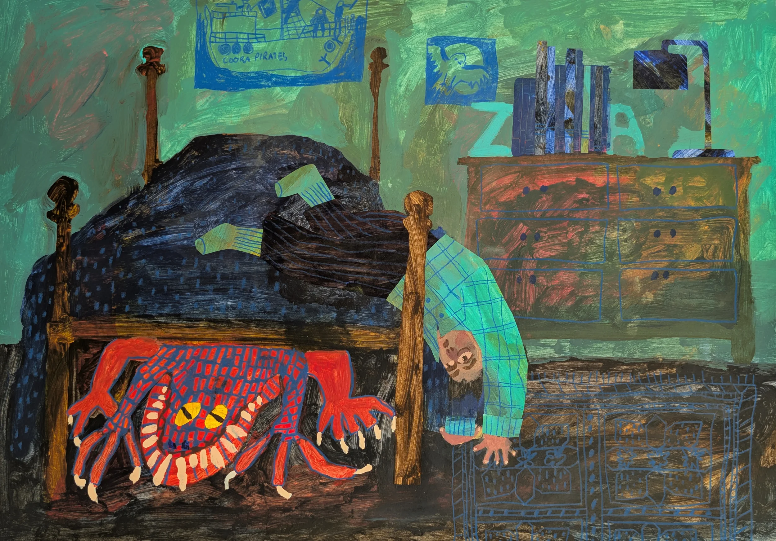 A colorful, artistic drawing of a bedroom with a bed, a large spider, a person sleeping, and various objects like a bookshelf, a dresser, and framed pictures on the wall.