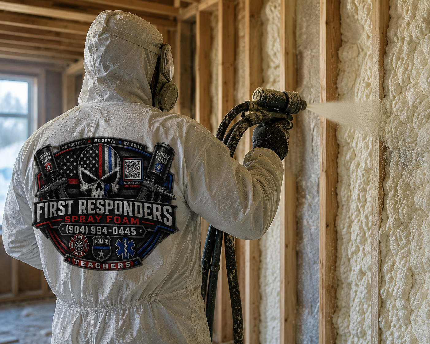 A person in protective gear spraying foam insulation on a wall in an unfinished building.