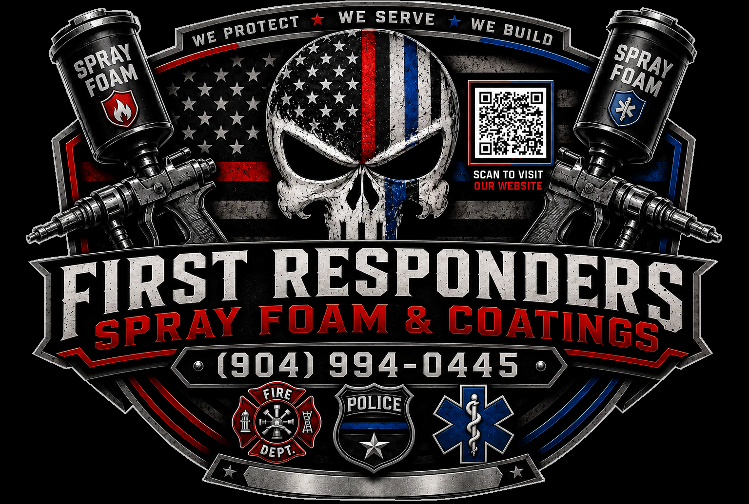 Graphic design featuring a skull with American flag colors, spray foam guns, and firefighting, police, and EMS badges, promoting spray foam insulation for first responders with a QR code and contact number.