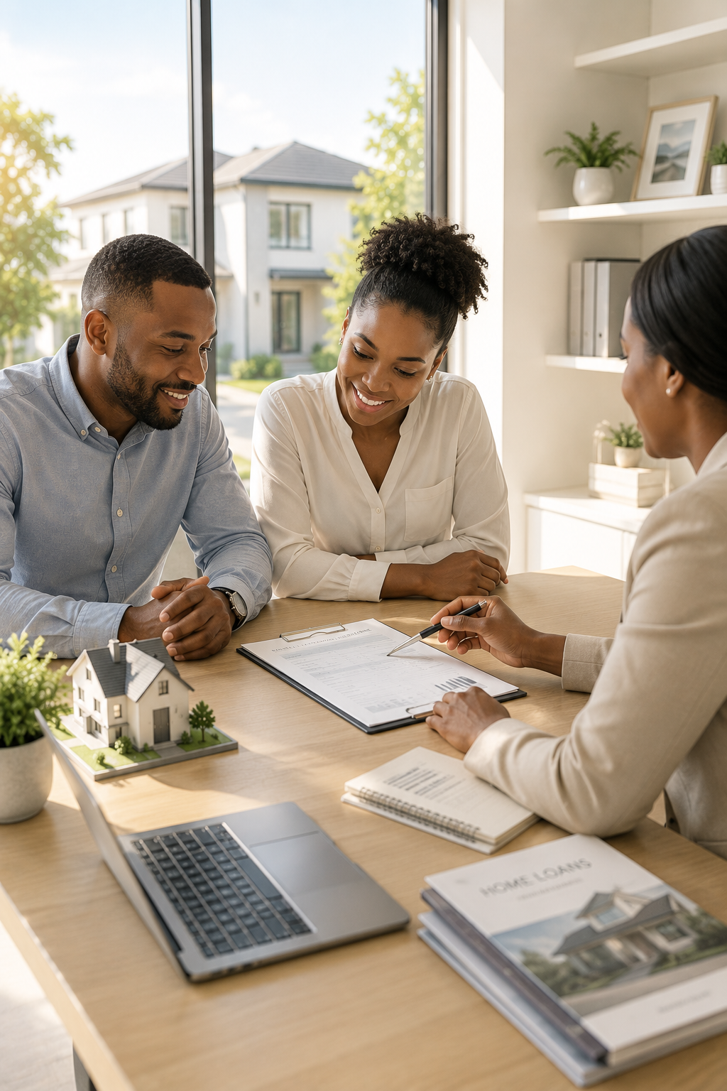 A couple sitting at a table with a real estate agent during a home buying consultation, with a model house, laptop, and home loan brochure on the table.