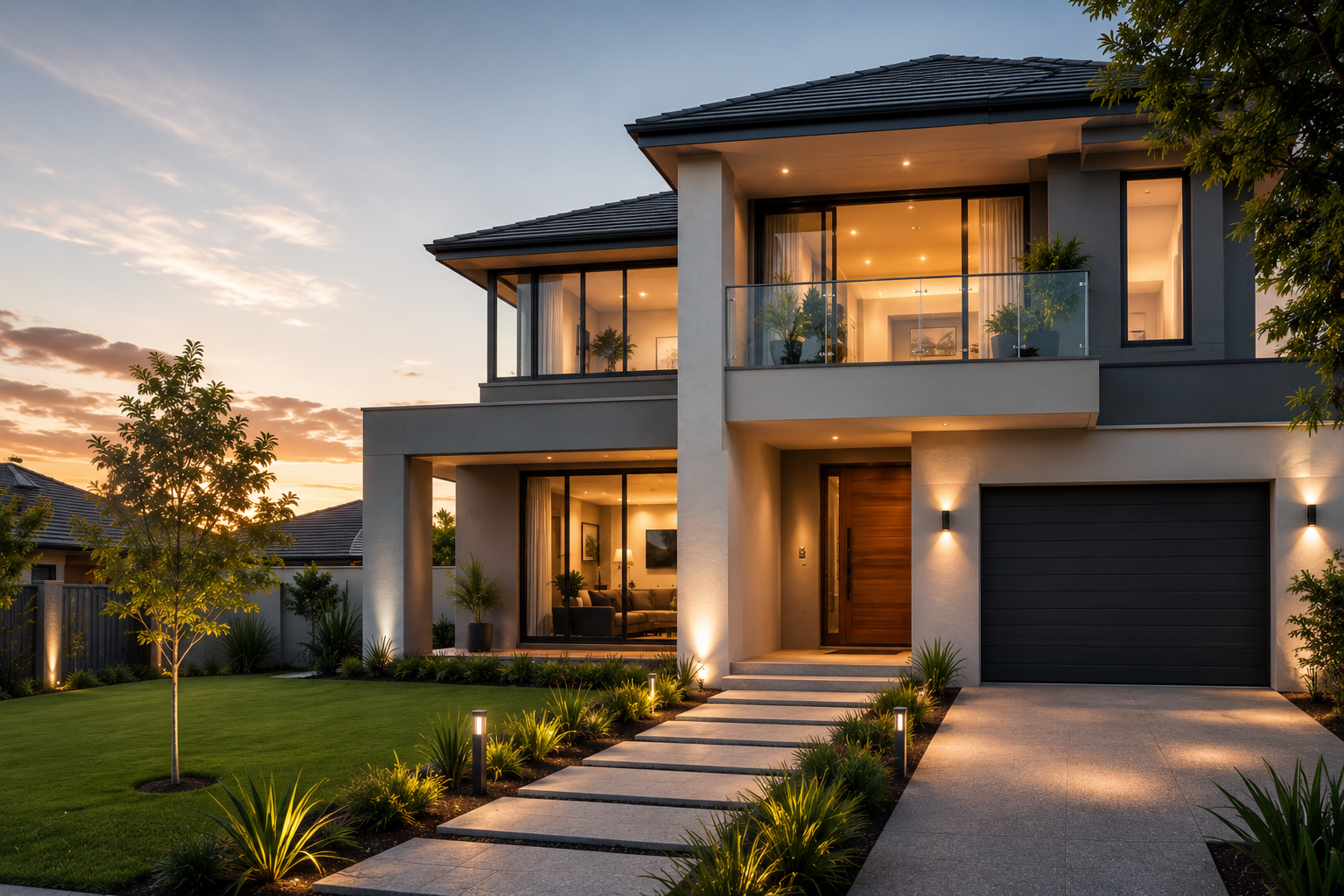 Modern two-story house with illuminated interior and exterior lights, a landscaped yard, a walkway with lights, and trees at sunset.