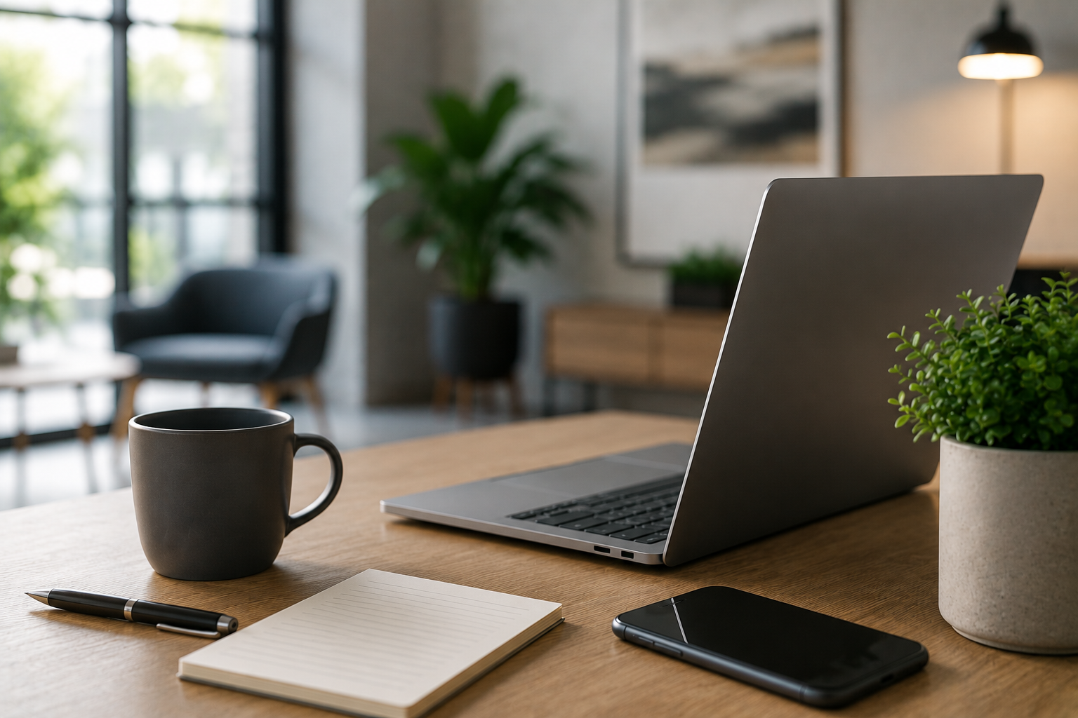 A modern workspace with a wooden desk holding a black coffee mug, a pen, a notebook, a closed laptop, a smartphone, and a potted plant. In the background, there is a living room with a black armchair, a large window, and houseplants.