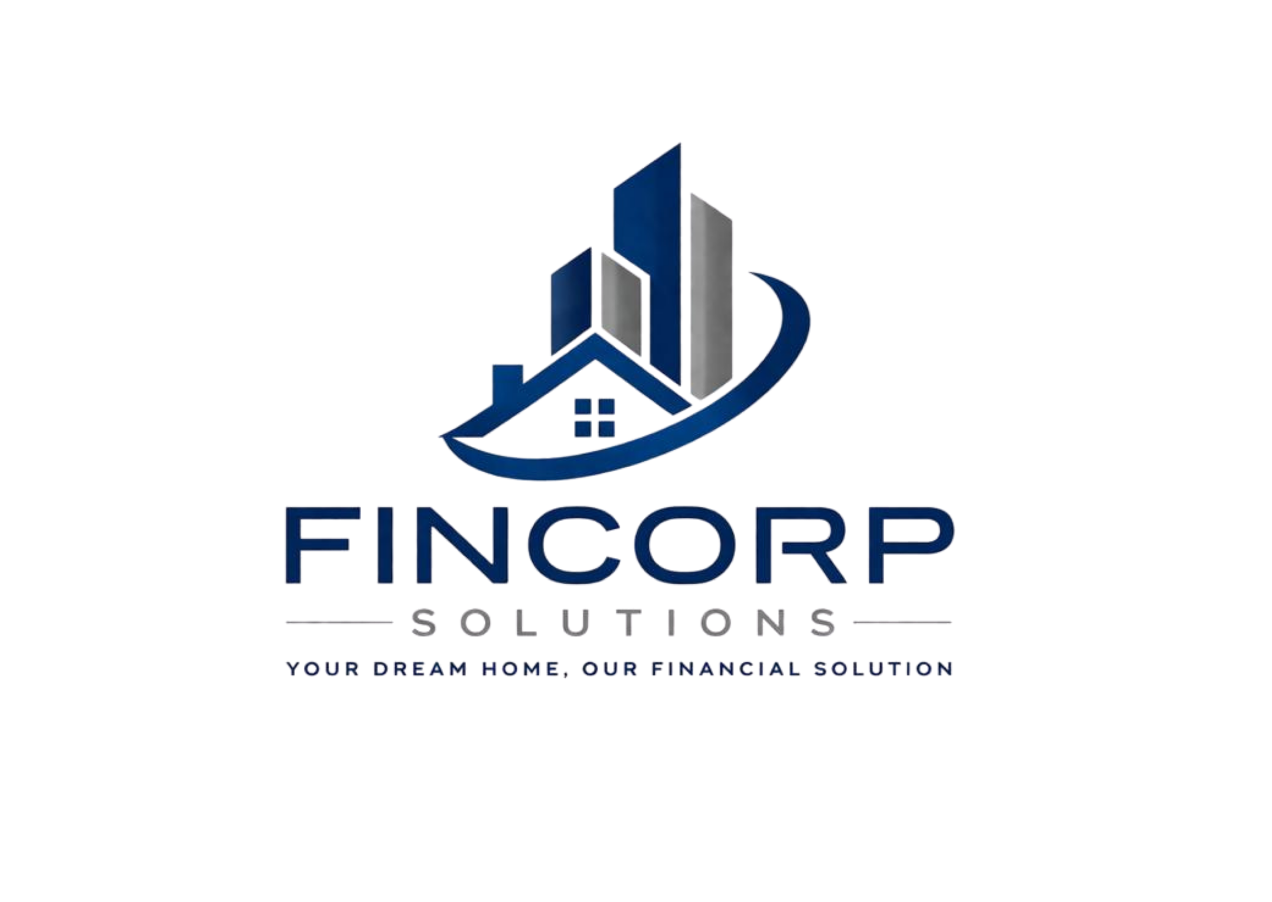 A logo for FinCorp Solutions featuring a stylized blue arrow pointing upwards with three vertical bars of different heights and the company name, along with the slogan 'Your Dream Home - Our Financial Solution' in smaller text.