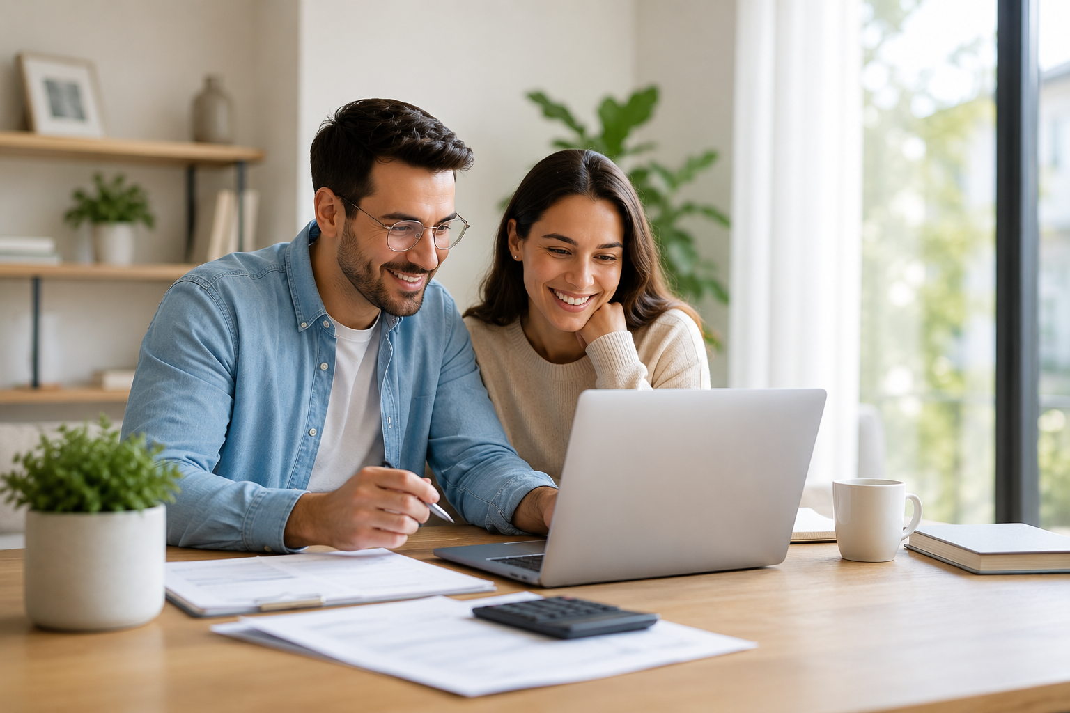 A smiling man and woman looking at a laptop screen together at a wooden table with papers, a calculator, a notebook, a coffee mug, and a small potted plant, in a bright room with large windows and greenery outside.