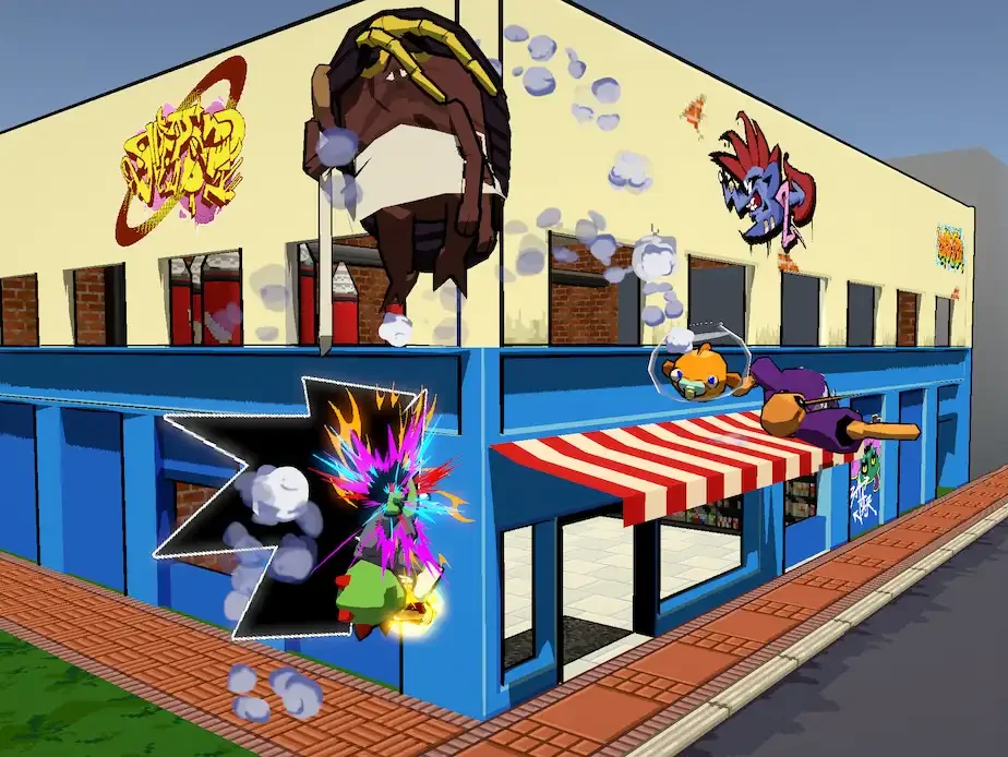 A cartoon-style two-story building with graffiti art on the upper walls. The scene shows an animated explosion with colorful sparks and smoke near the bottom left, and characters from Impound Rumble in combat.