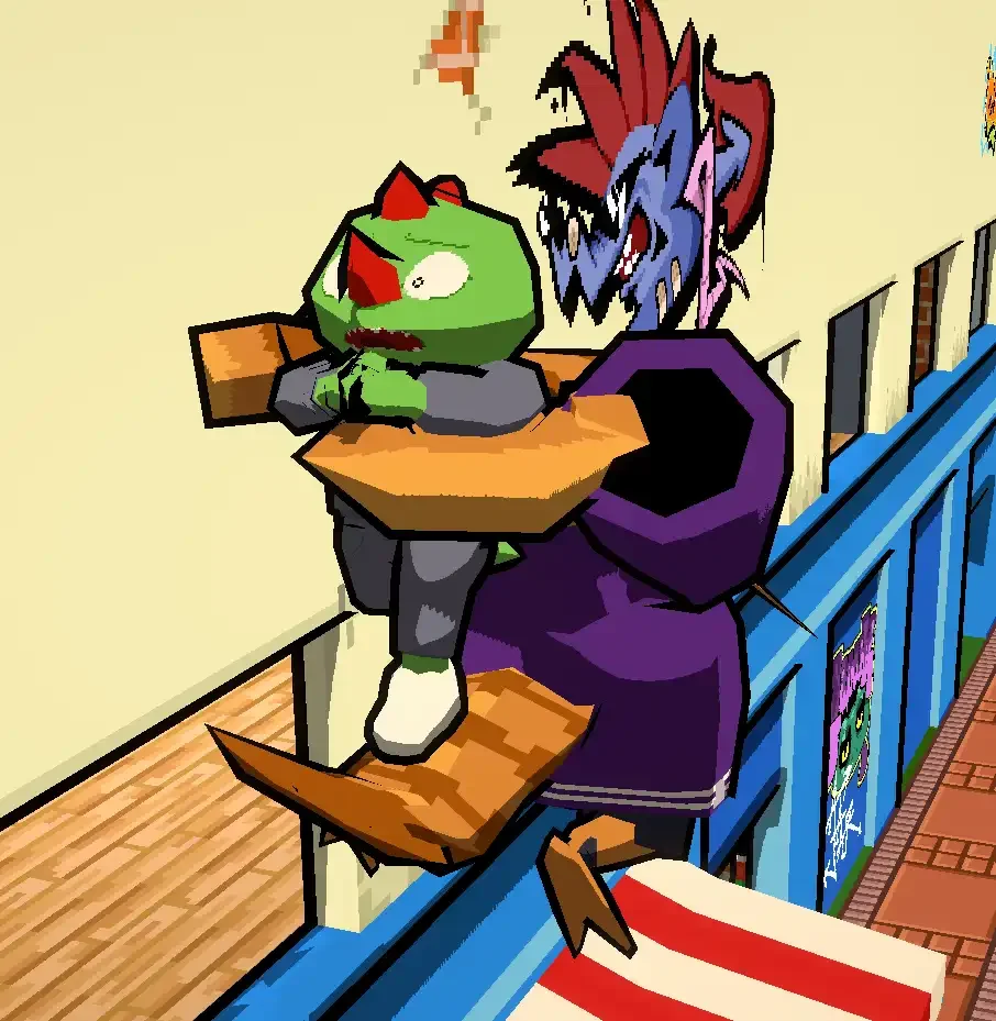 A screenshot of Impound Rumble with Ollie panicking while being grabbed by Shrimpman. They are in front of McCaw's Boxing Gym, and they are mid-flight during a brutal overhead throw. On the wall is a stylized graffiti tag that spells out "BAD."