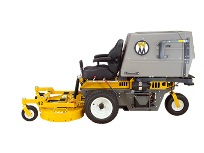 A ride-on lawn mower with a gray body, black seat, and yellow cutting deck.