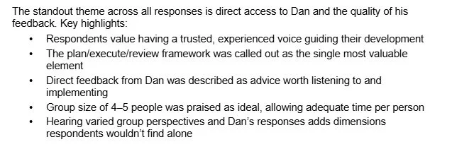 A screenshot of a text document outlining key feedback themes and highlights, including trusted voices, review frameworks, direct feedback, group sizes, and diverse perspectives.