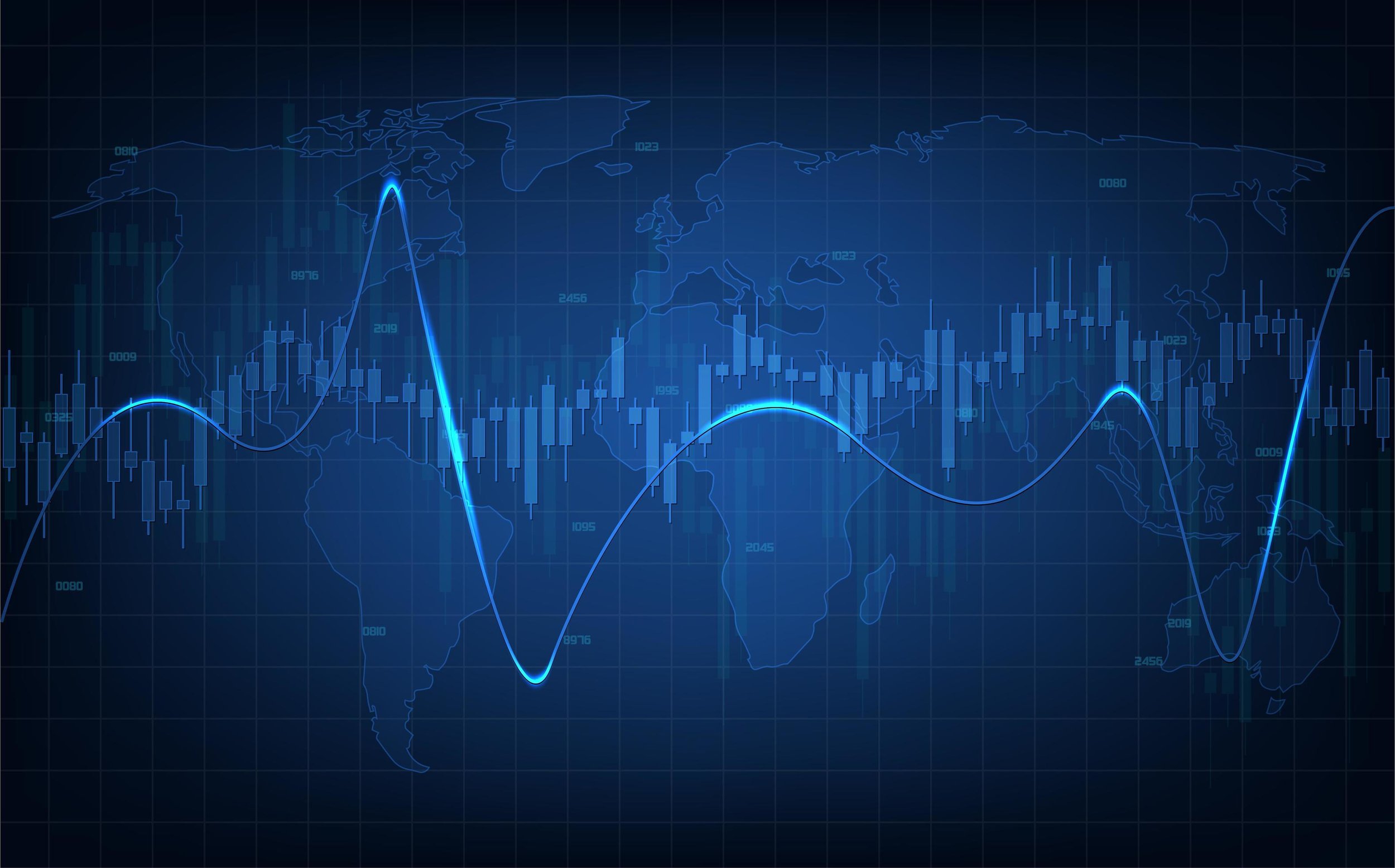 Digital world map with overlaid financial charts and graphs on a dark background.